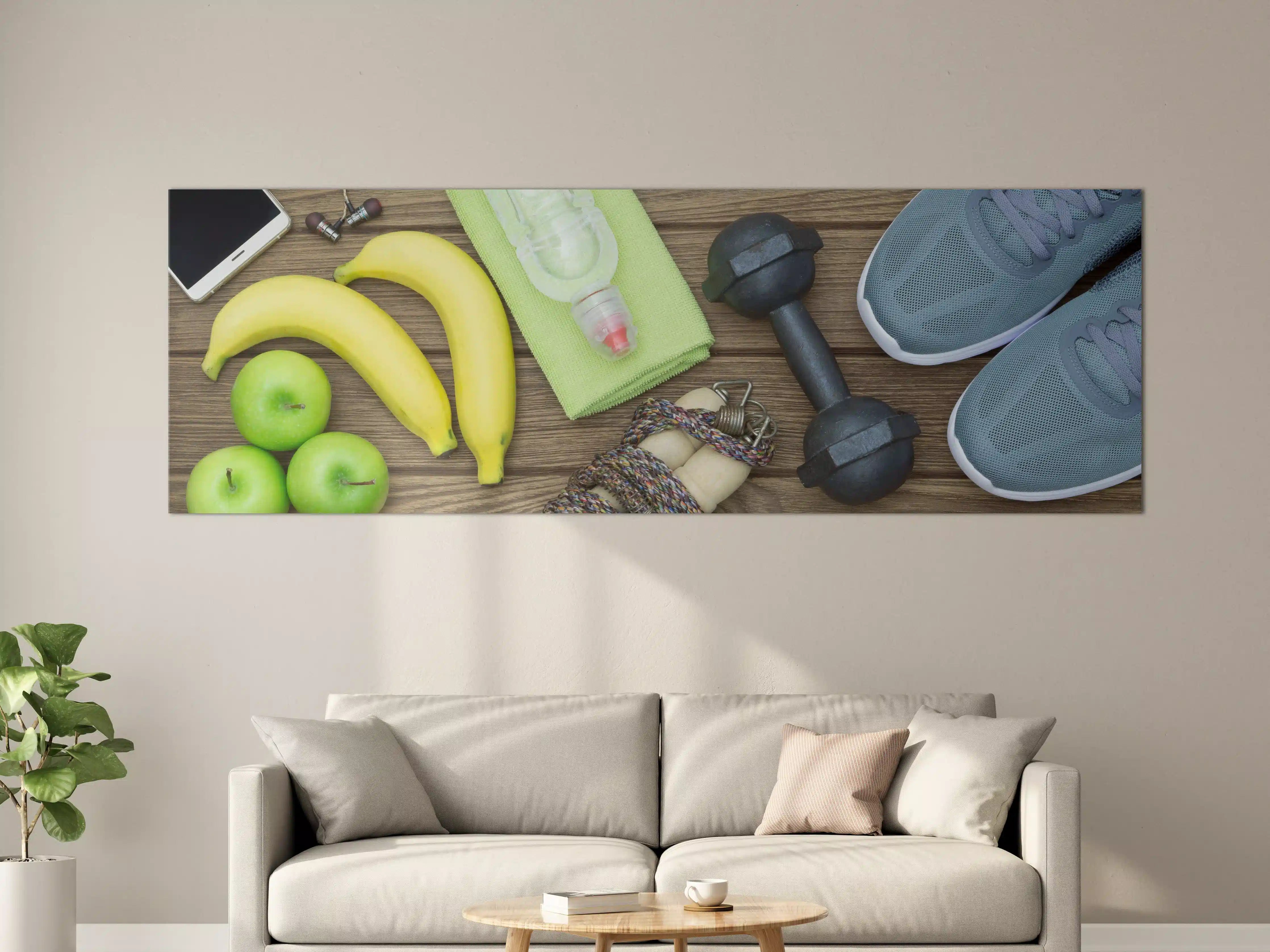 Große Wandbilder - Fitness- und Gesundheitsszene mit Bananen und Hanteln
