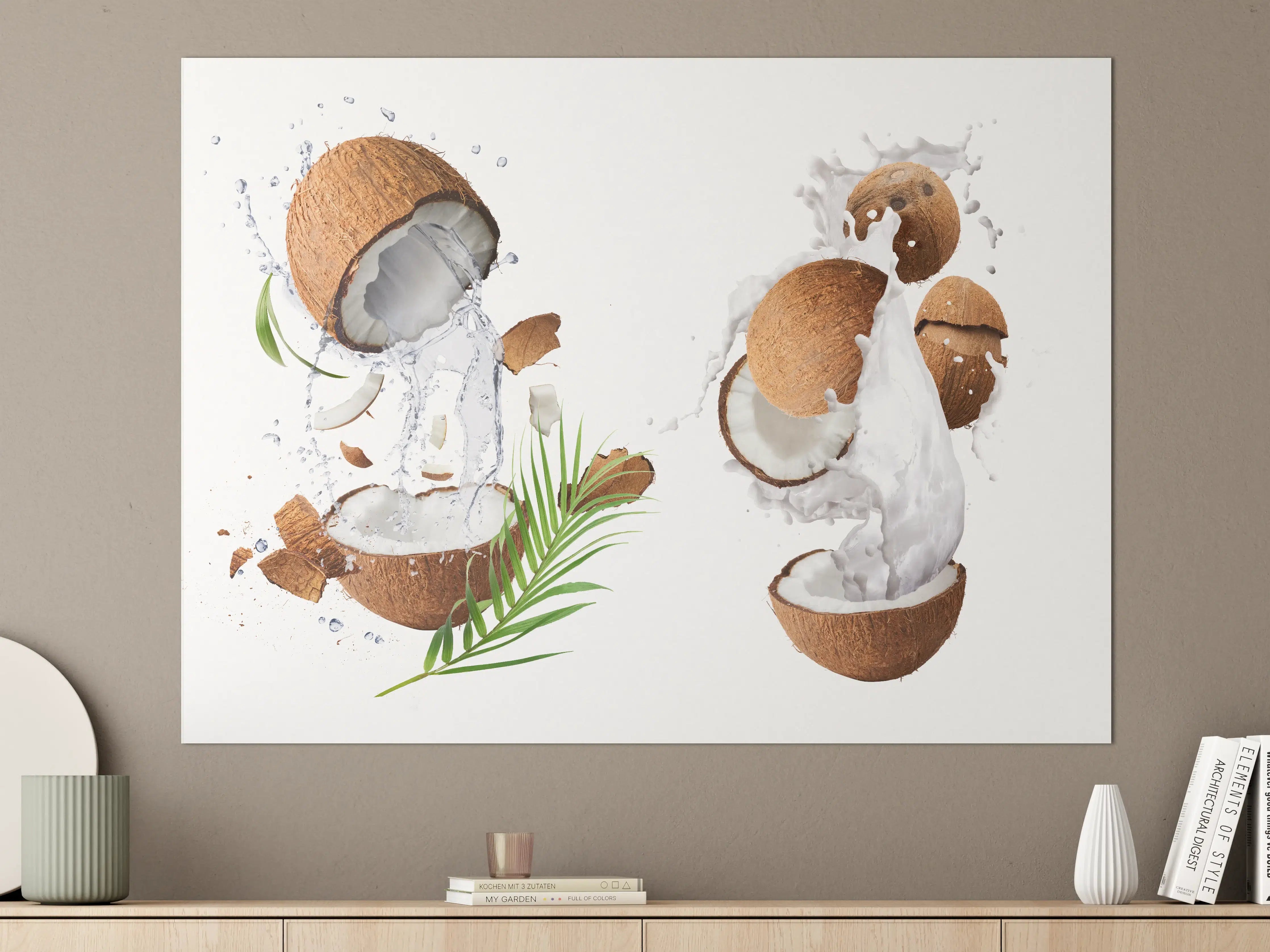 Große Wandbilder - Fliegende Kokosnuss mit Milchsplash