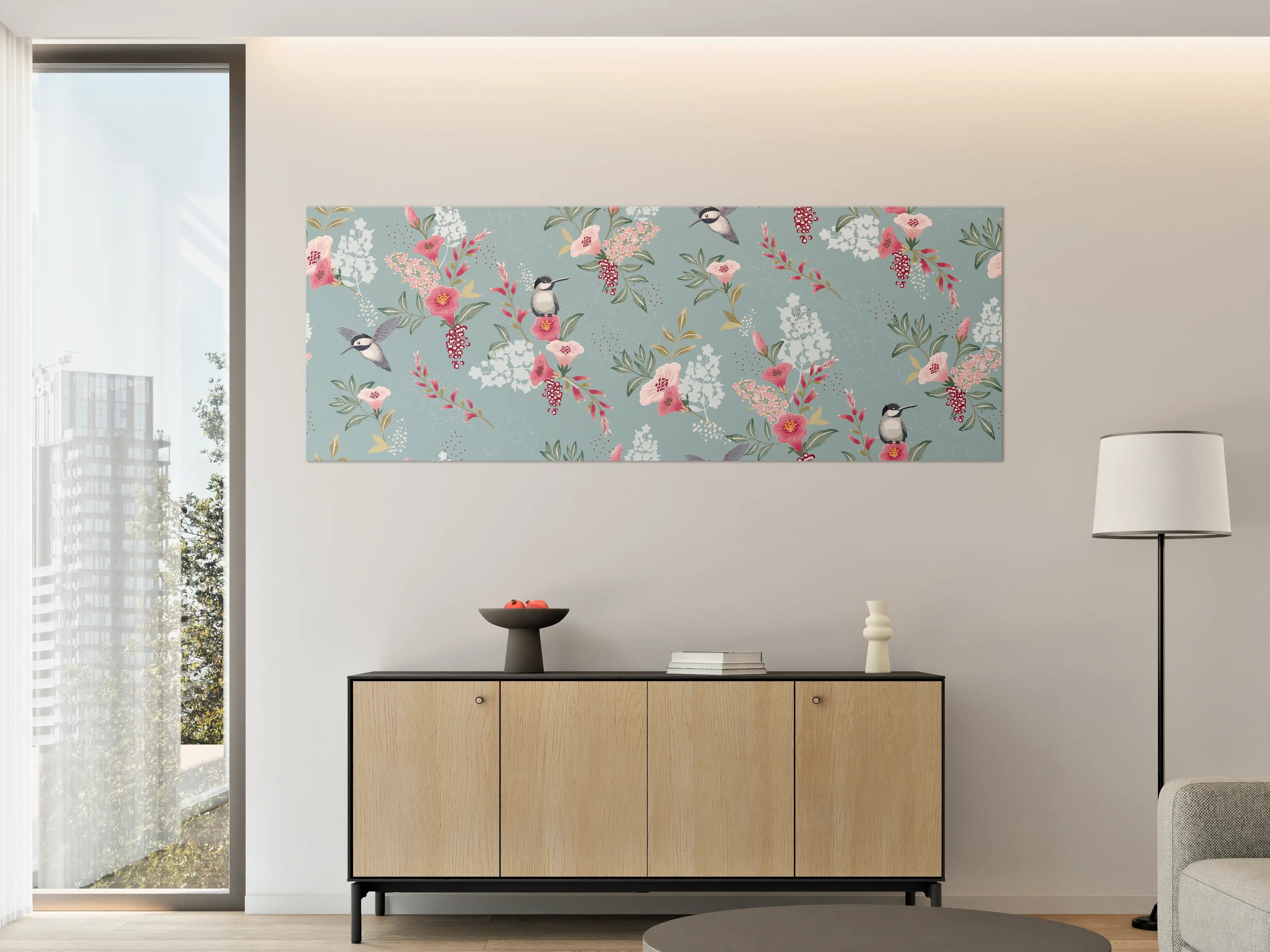 Große Wandbilder - Floral-Bird-Muster Blaugrau