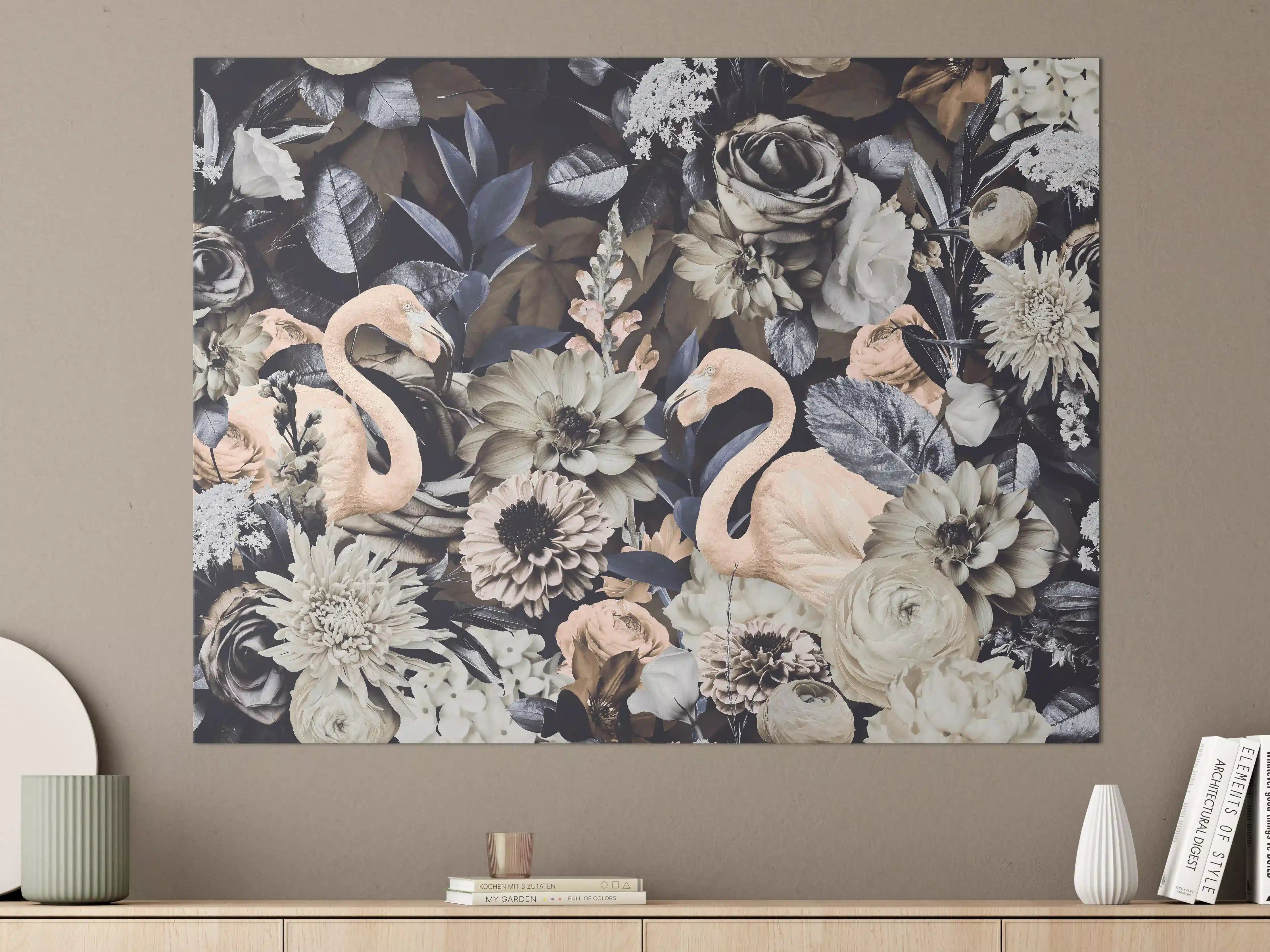 Große Wandbilder - Floral-Flamingo Muster Grau-Weiß
