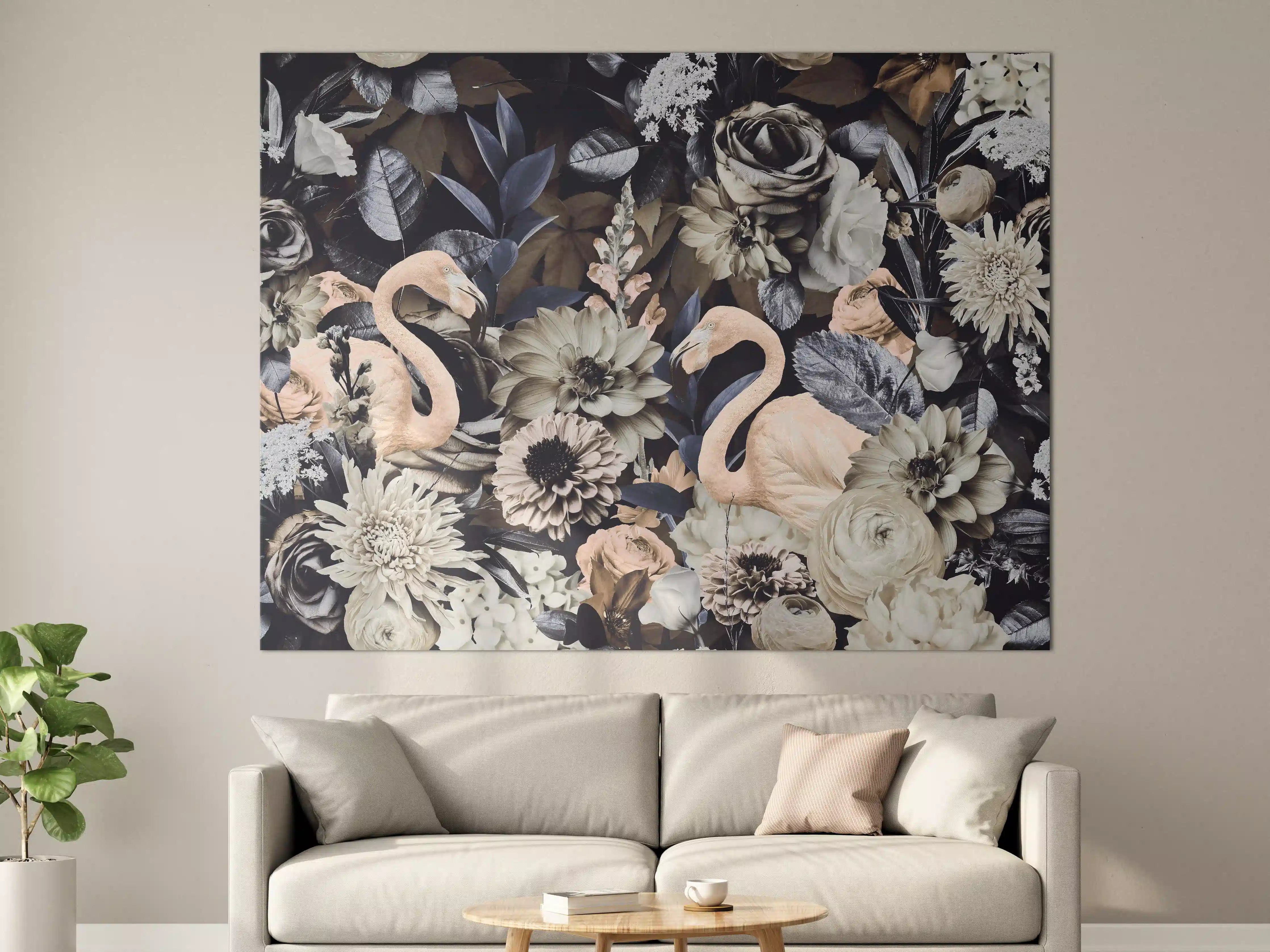 Große Wandbilder - Floral-Flamingo Muster Grau-Weiß