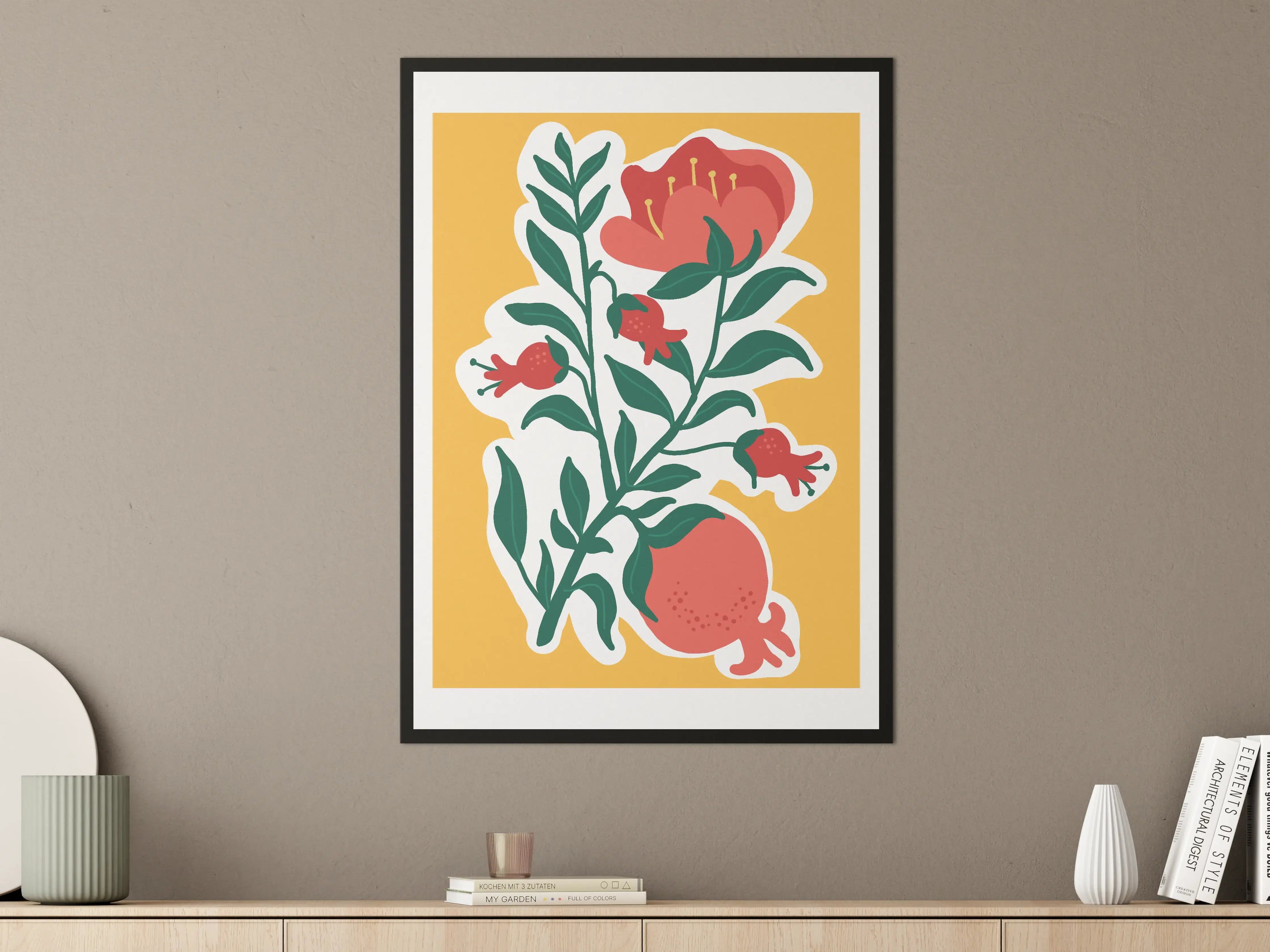 Große Wandbilder - Florale Illustration mit Pomegranate, Hibiskus und Fischen