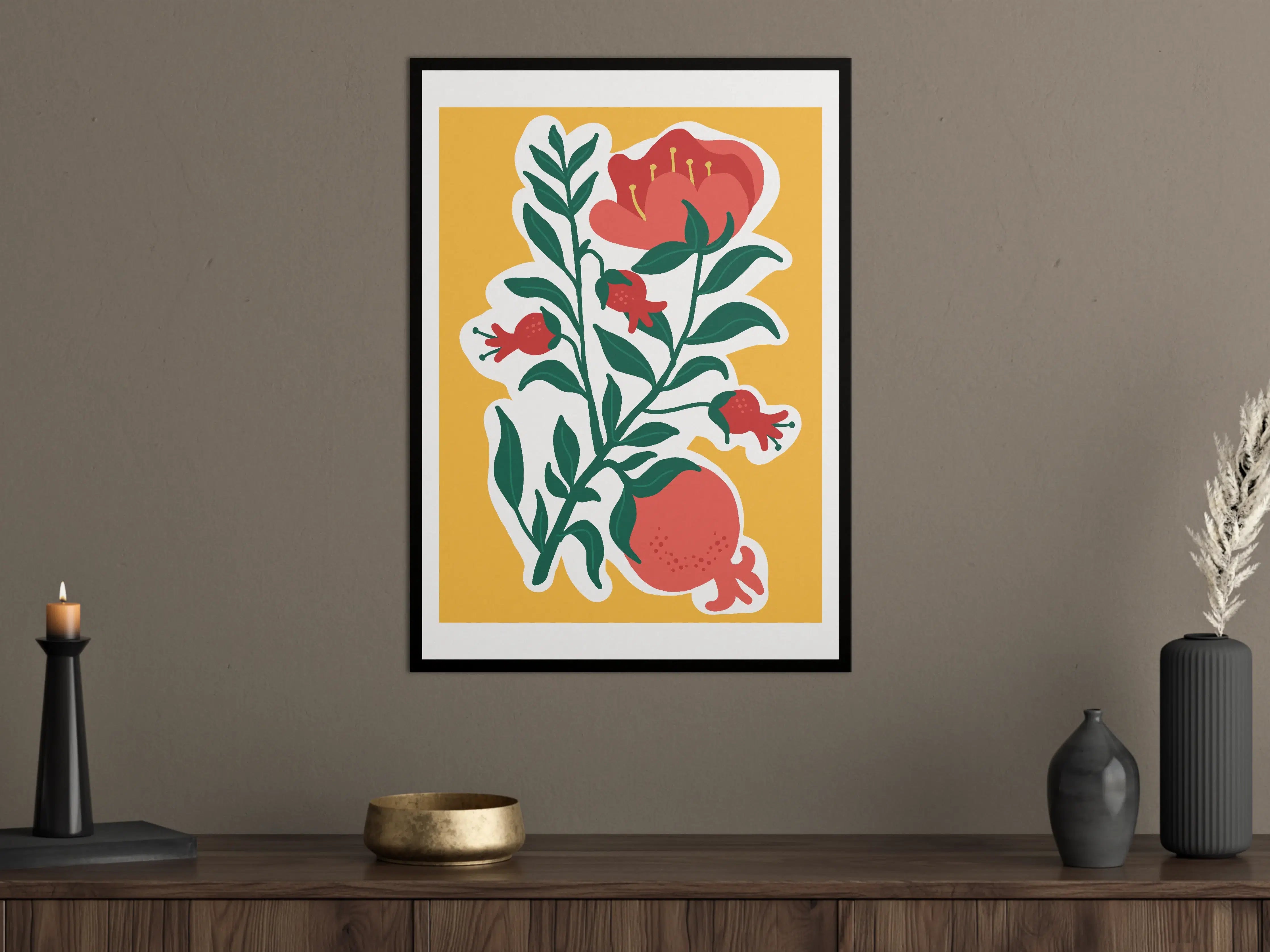 Große Wandbilder - Florale Illustration mit Pomegranate, Hibiskus und Fischen