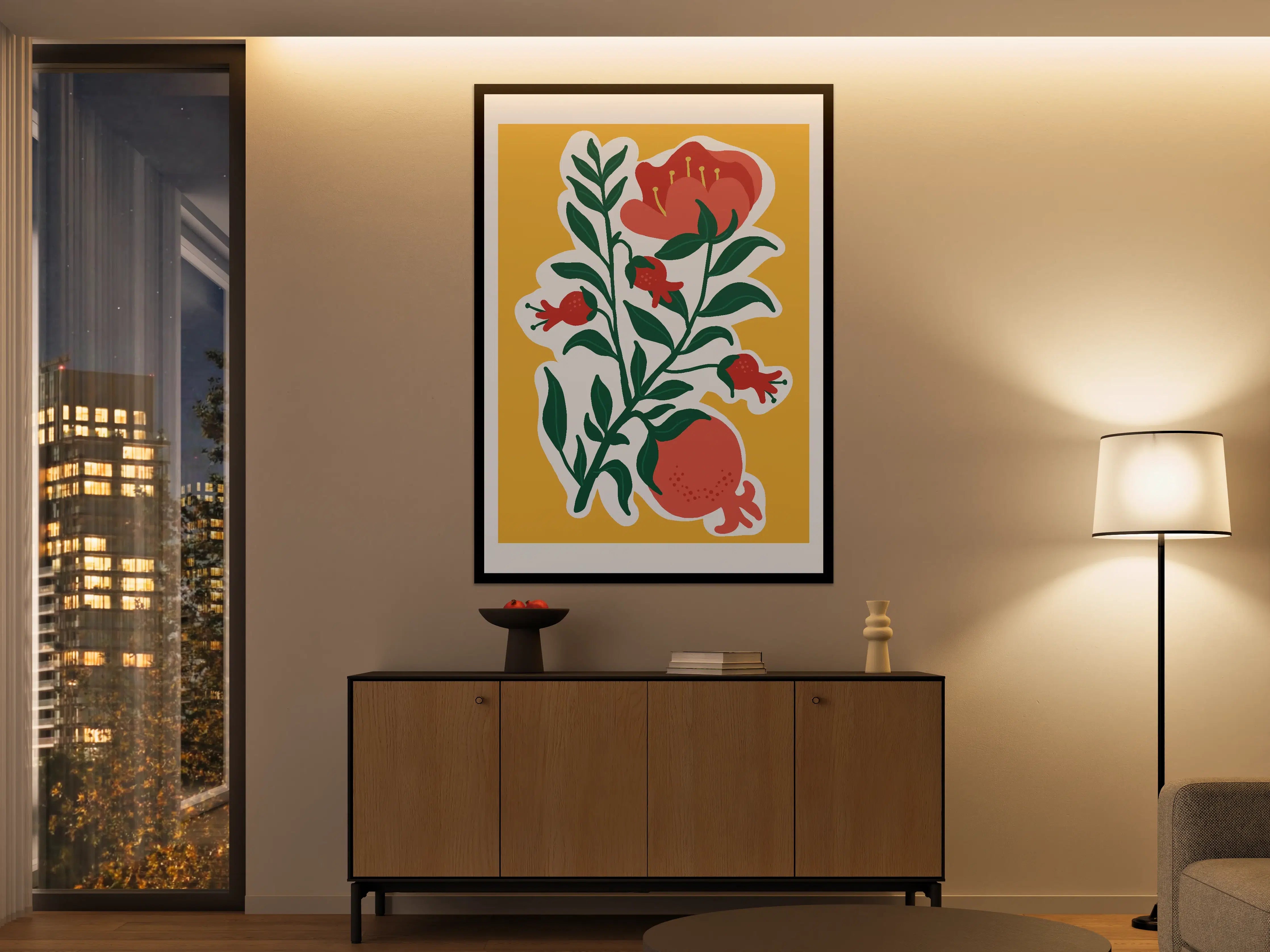 Große Wandbilder - Florale Illustration mit Pomegranate, Hibiskus und Fischen