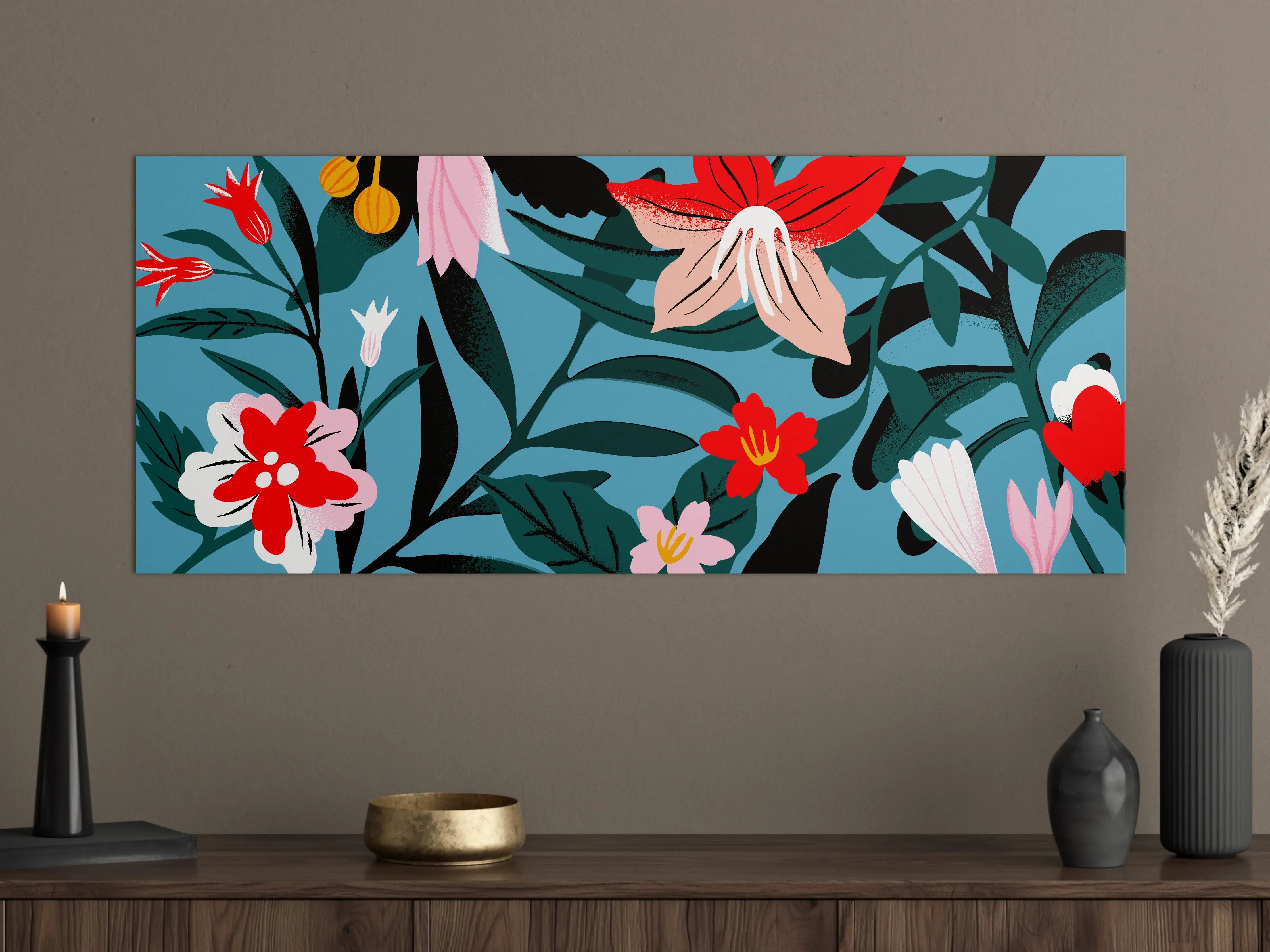 Große Wandbilder - Florales Blau-Rot Muster