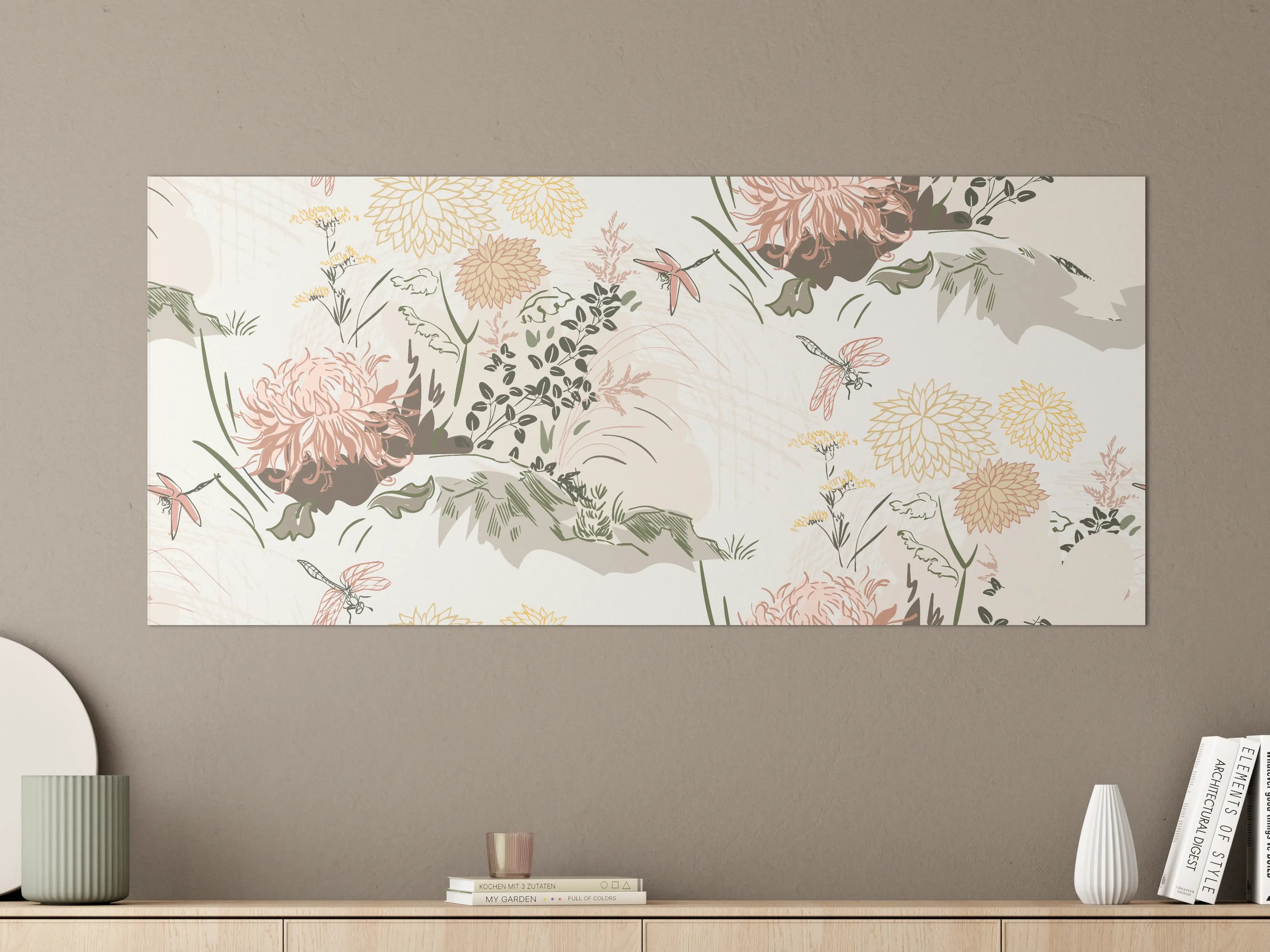 Große Wandbilder - Florales Muster Beige-Grün-Rosa