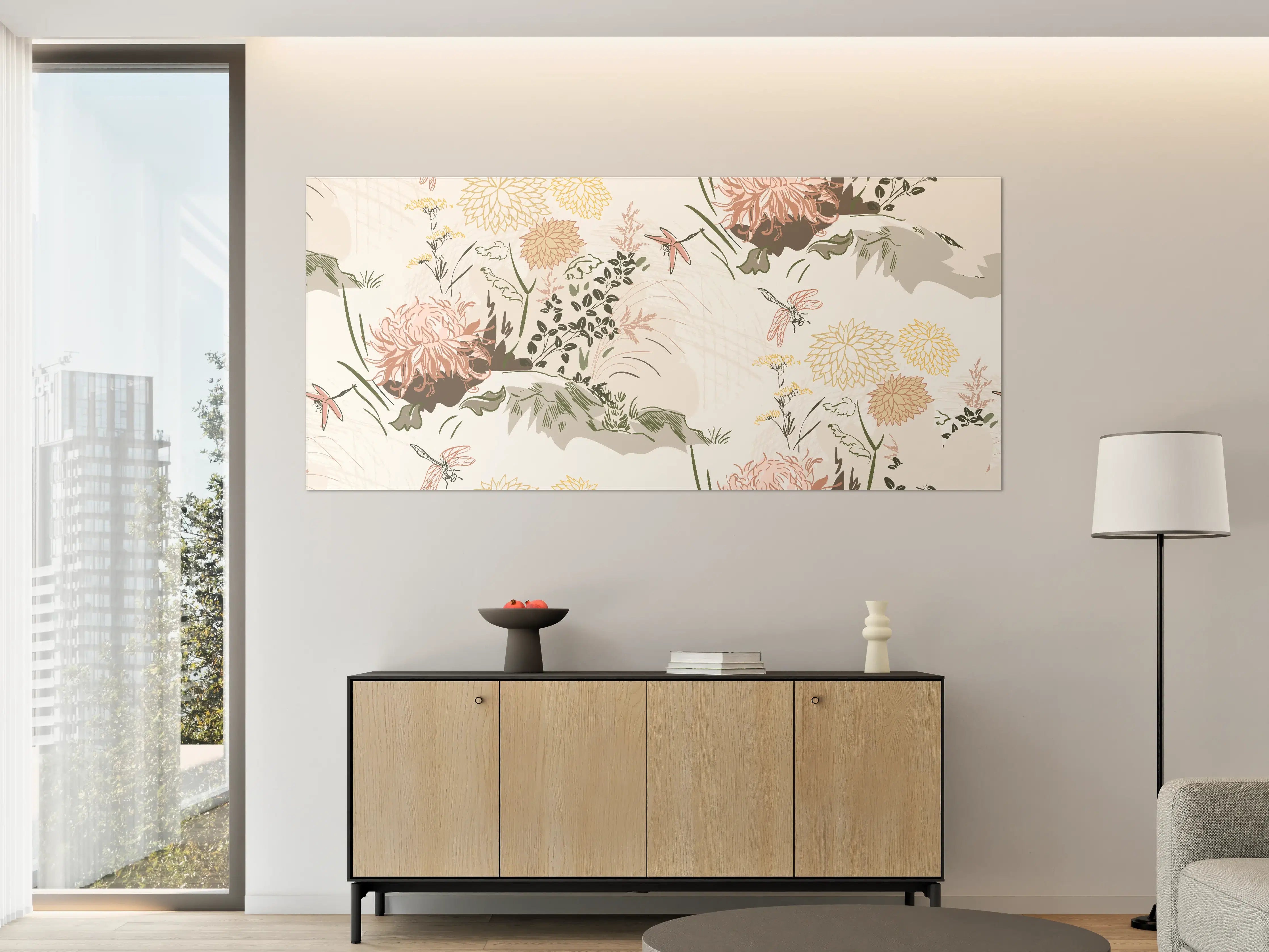 Große Wandbilder - Florales Muster Beige-Grün-Rosa