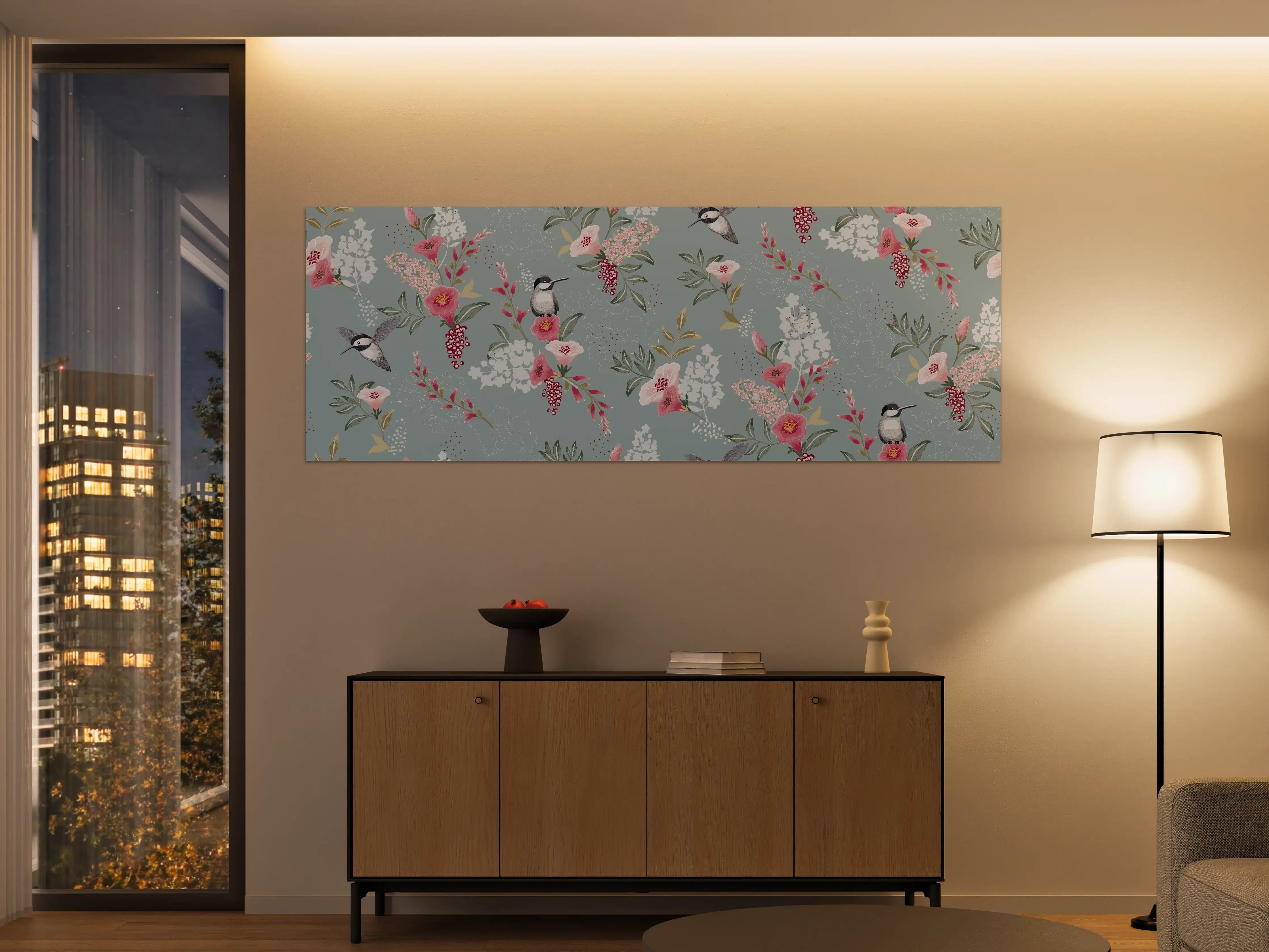 Große Wandbilder - Florales Muster mit Vögeln Pastell