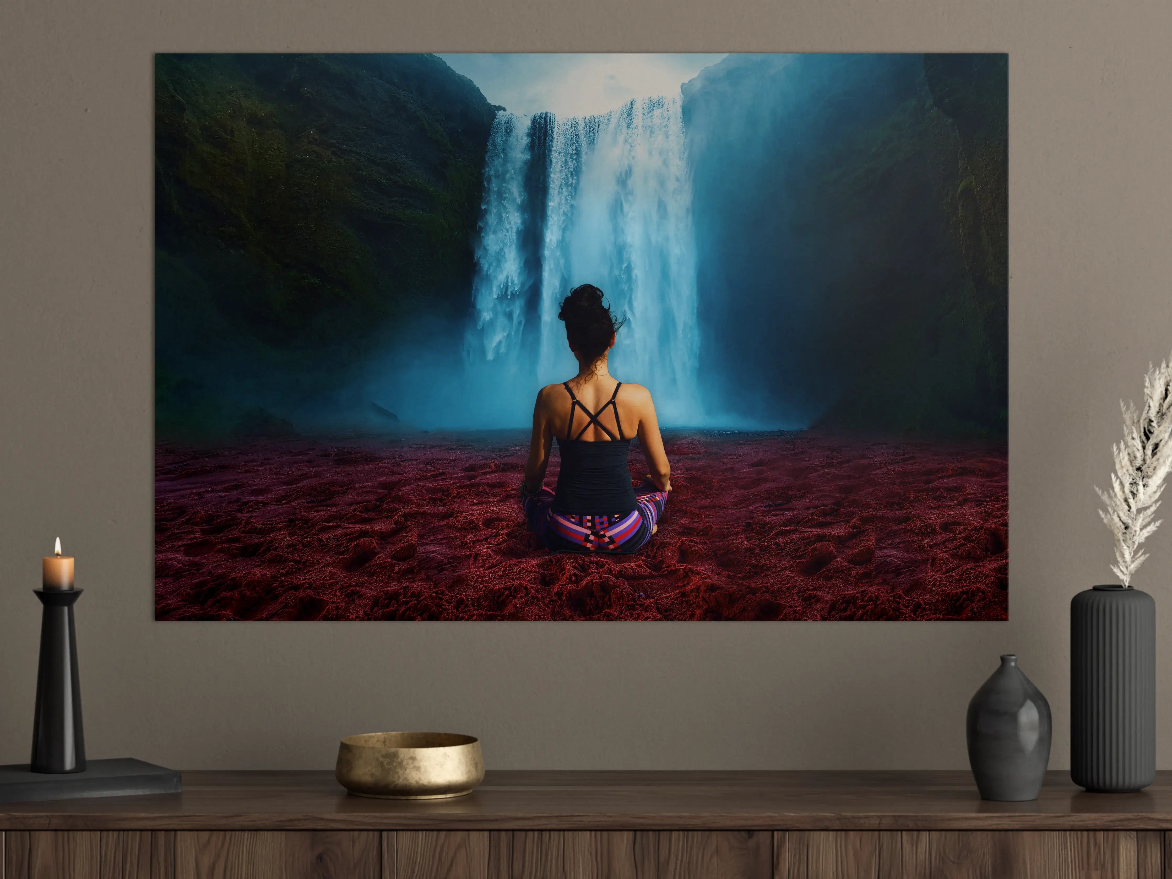 Große Wandbilder - Frau meditierend vor traumhaften Wasserfall