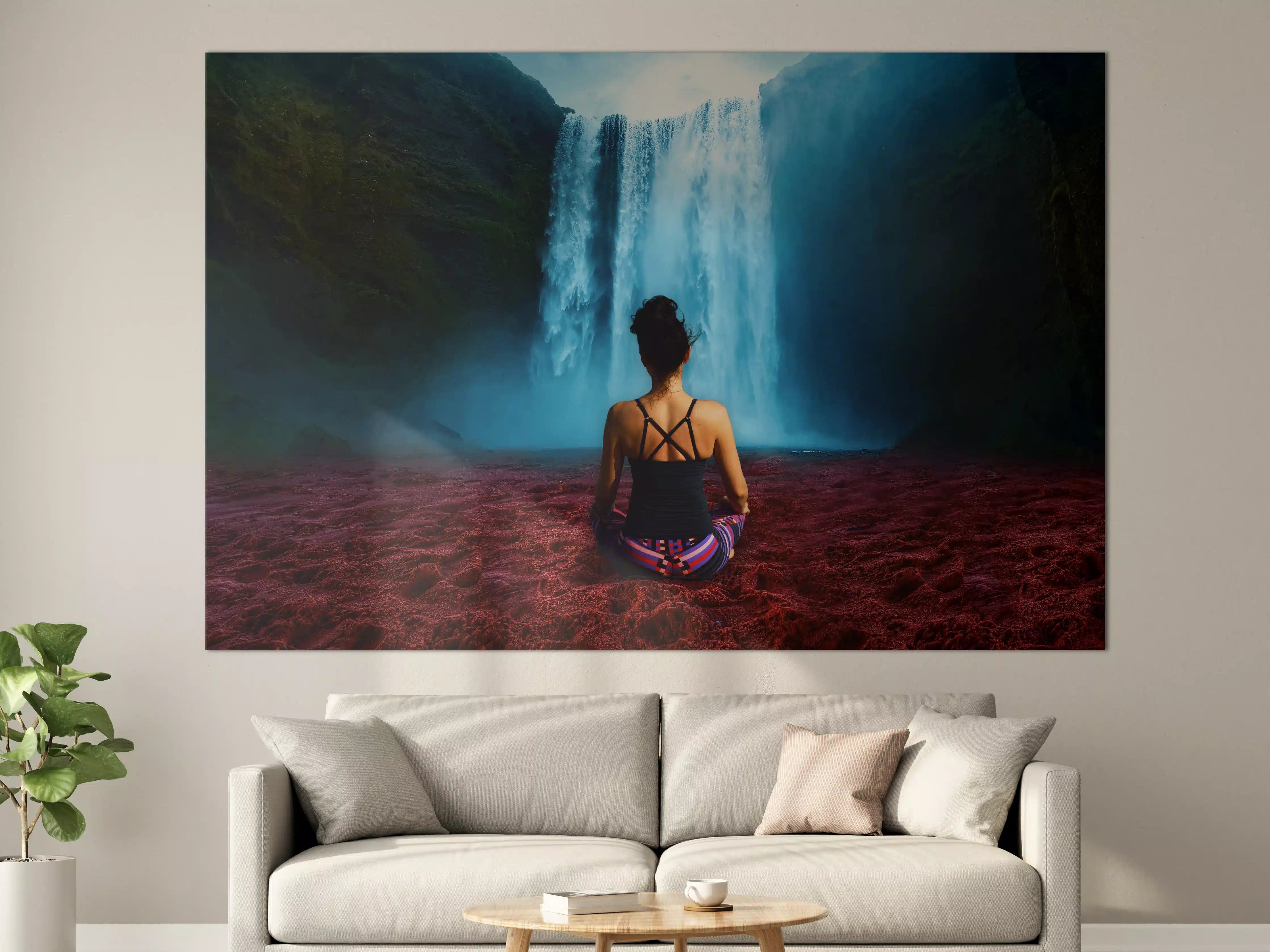 Große Wandbilder - Frau meditierend vor traumhaften Wasserfall