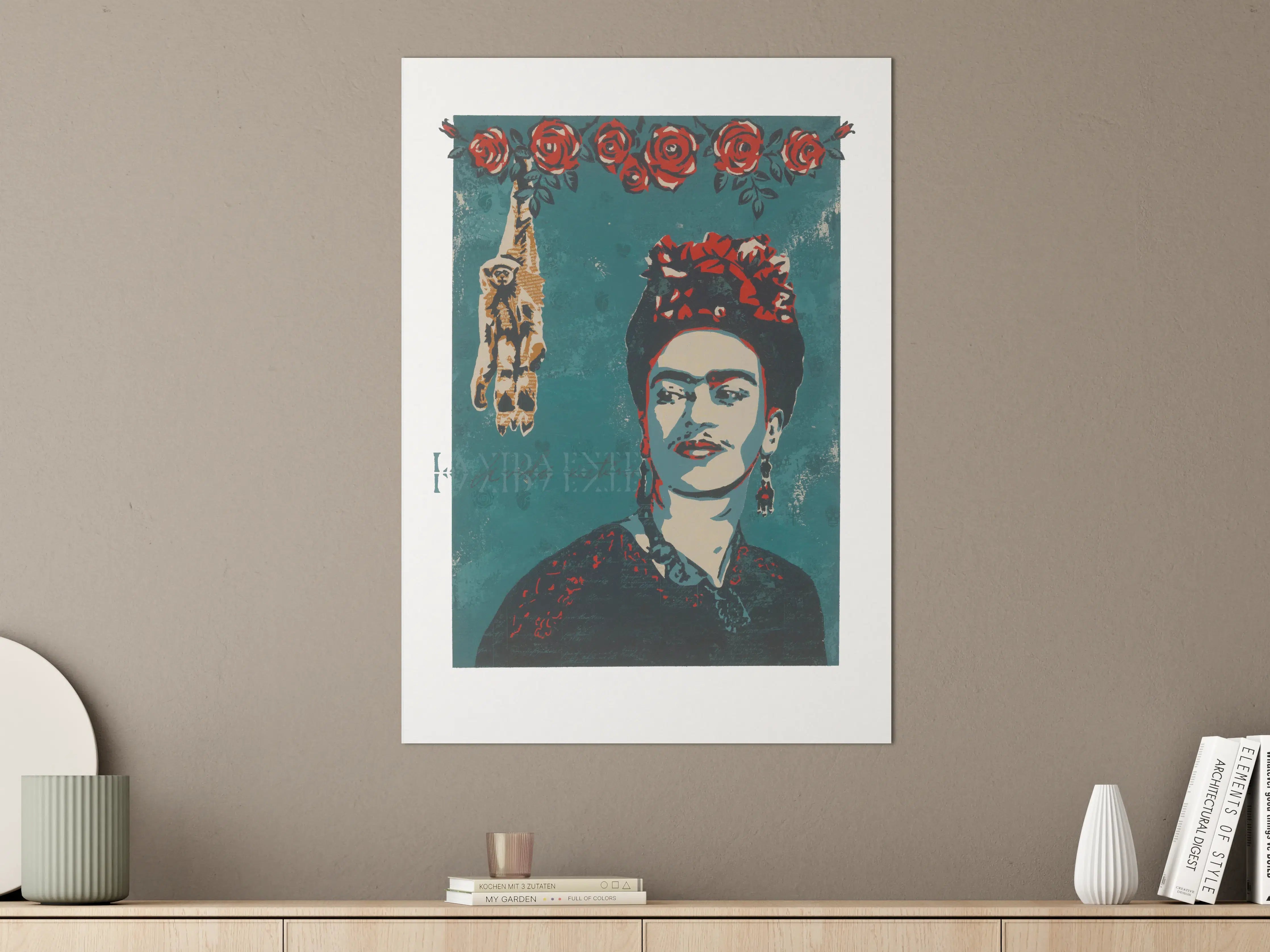 Große Wandbilder - Frida Kahlo Porträt mit Blumenkranz