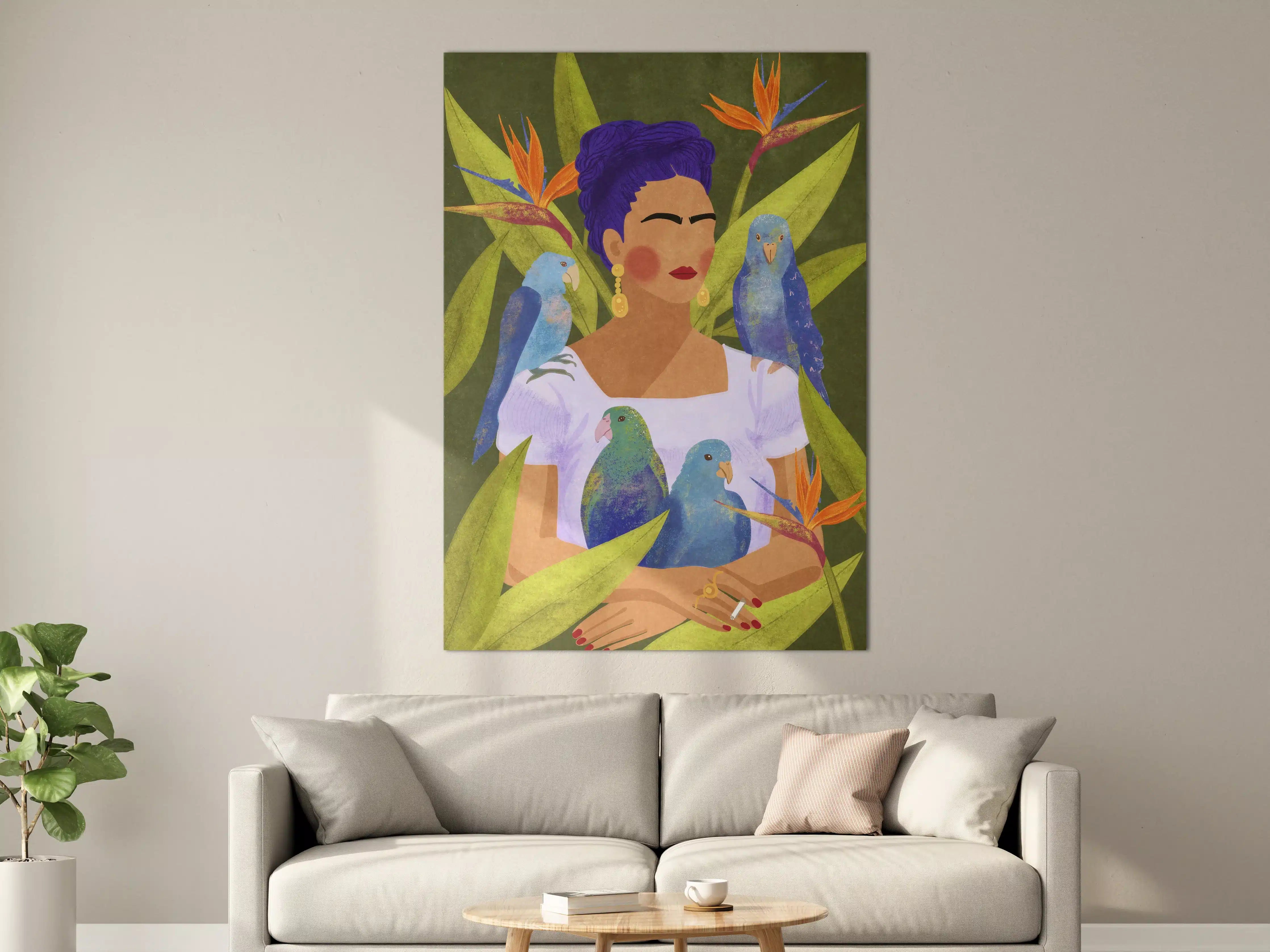 Große Wandbilder - Frida Kahlo inspirierte Portrait: Farbige Frauenfigur mit Papageien und Flora