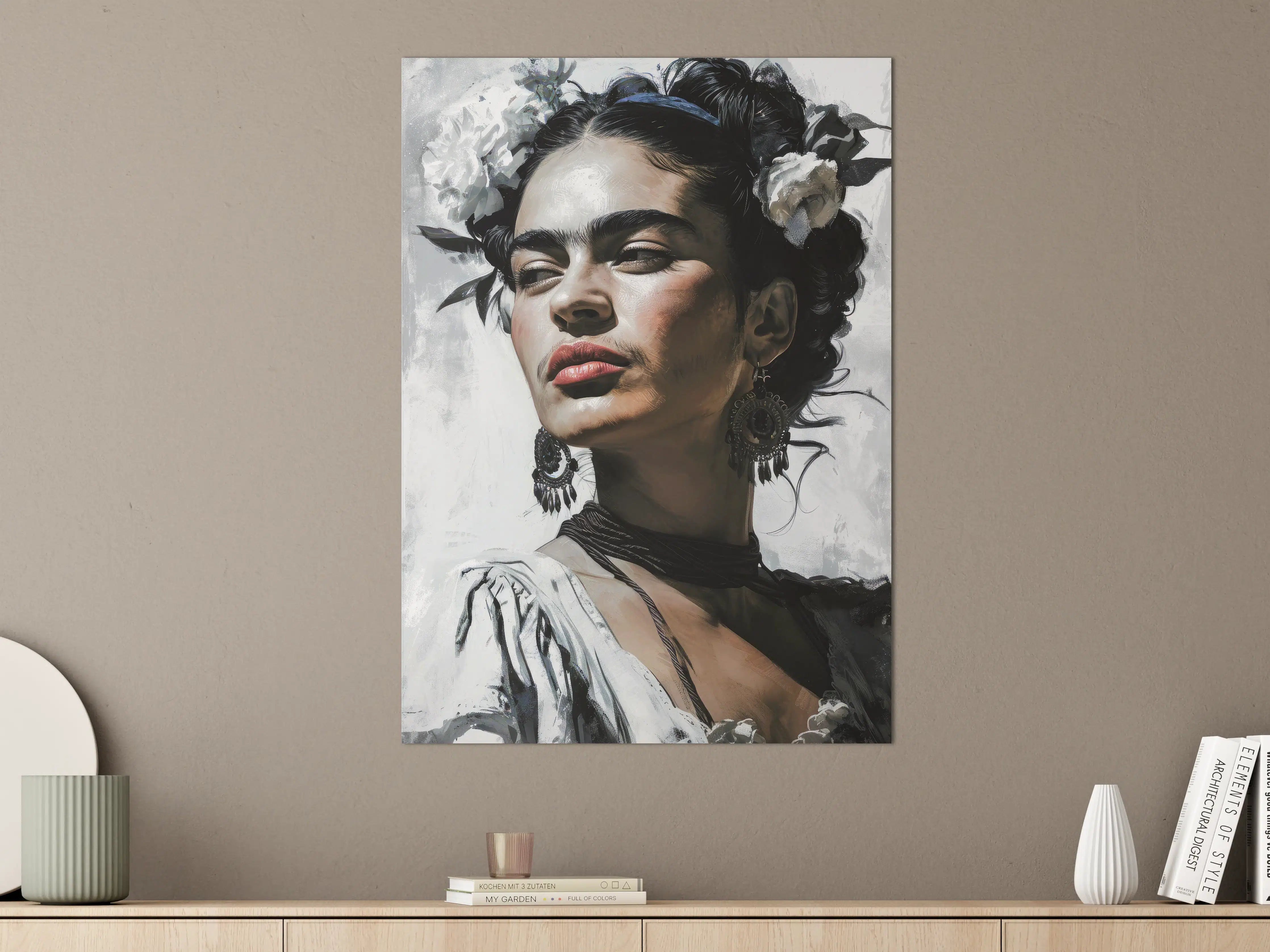 Große Wandbilder - Frida Kahlo inspiriertes Porträt mit Blumenkranz