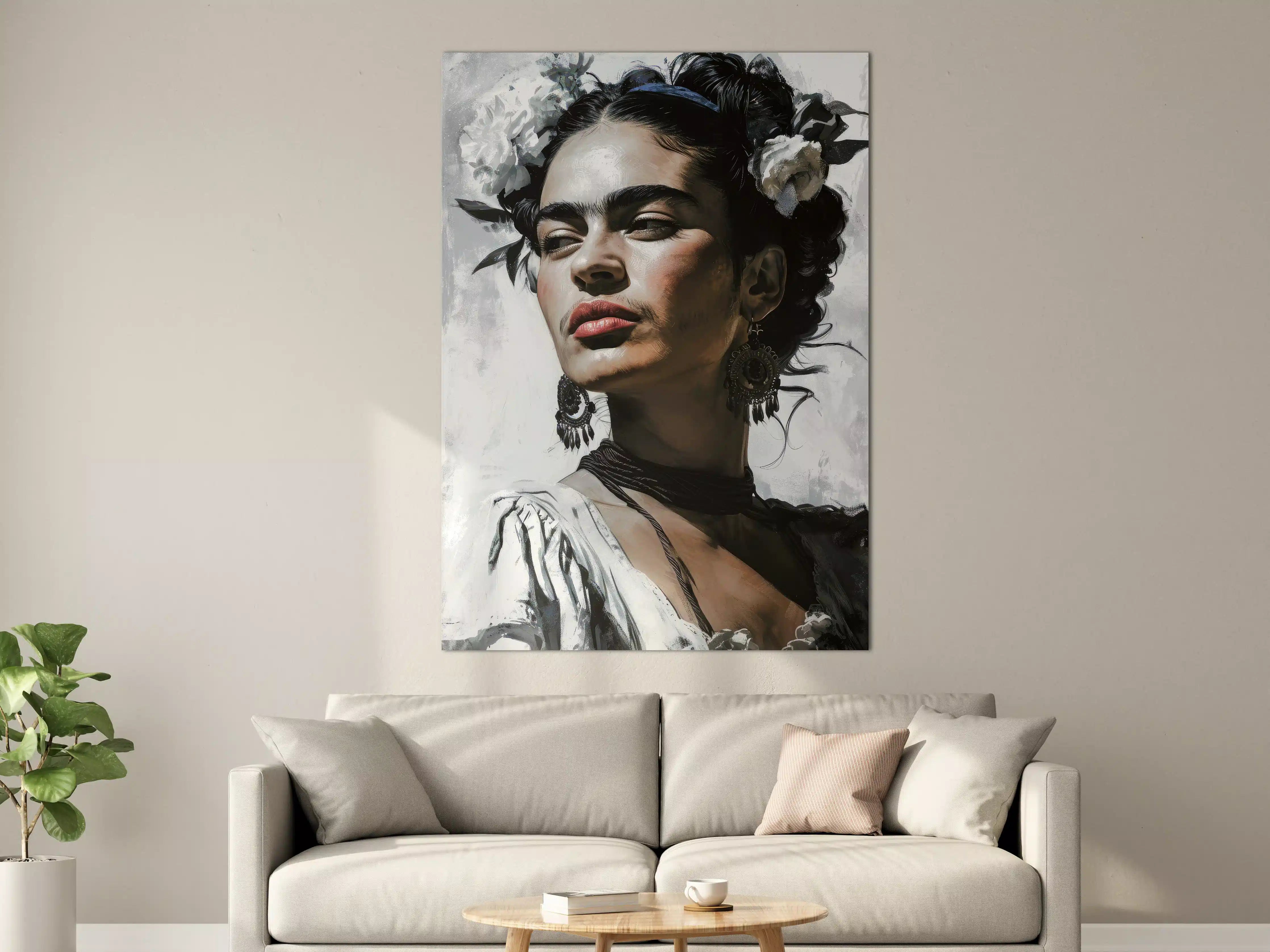 Große Wandbilder - Frida Kahlo inspiriertes Porträt mit Blumenkranz