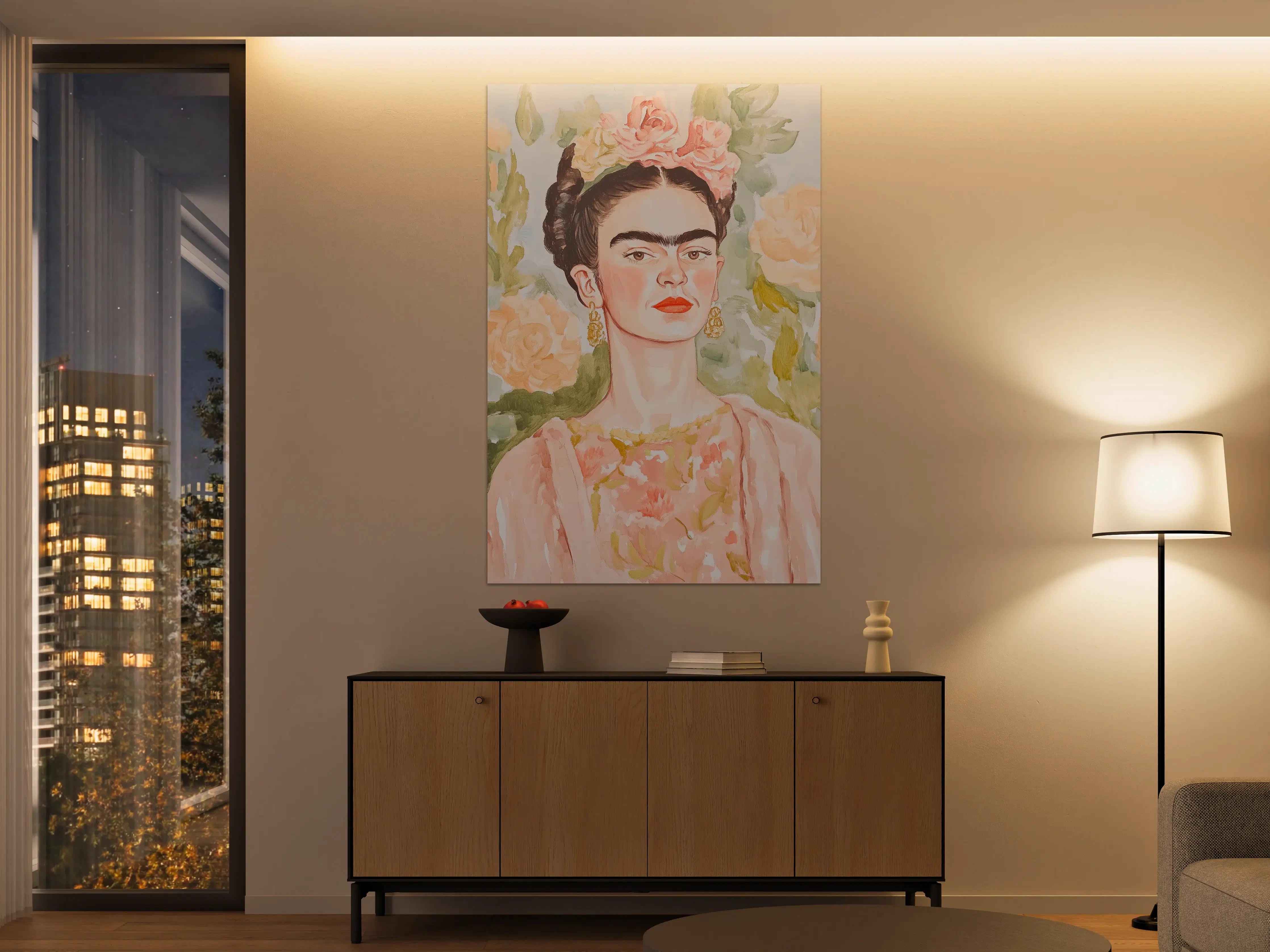 Große Wandbilder - Frida Kahlo inspiriertes Porträt mit Blumenkrönchen