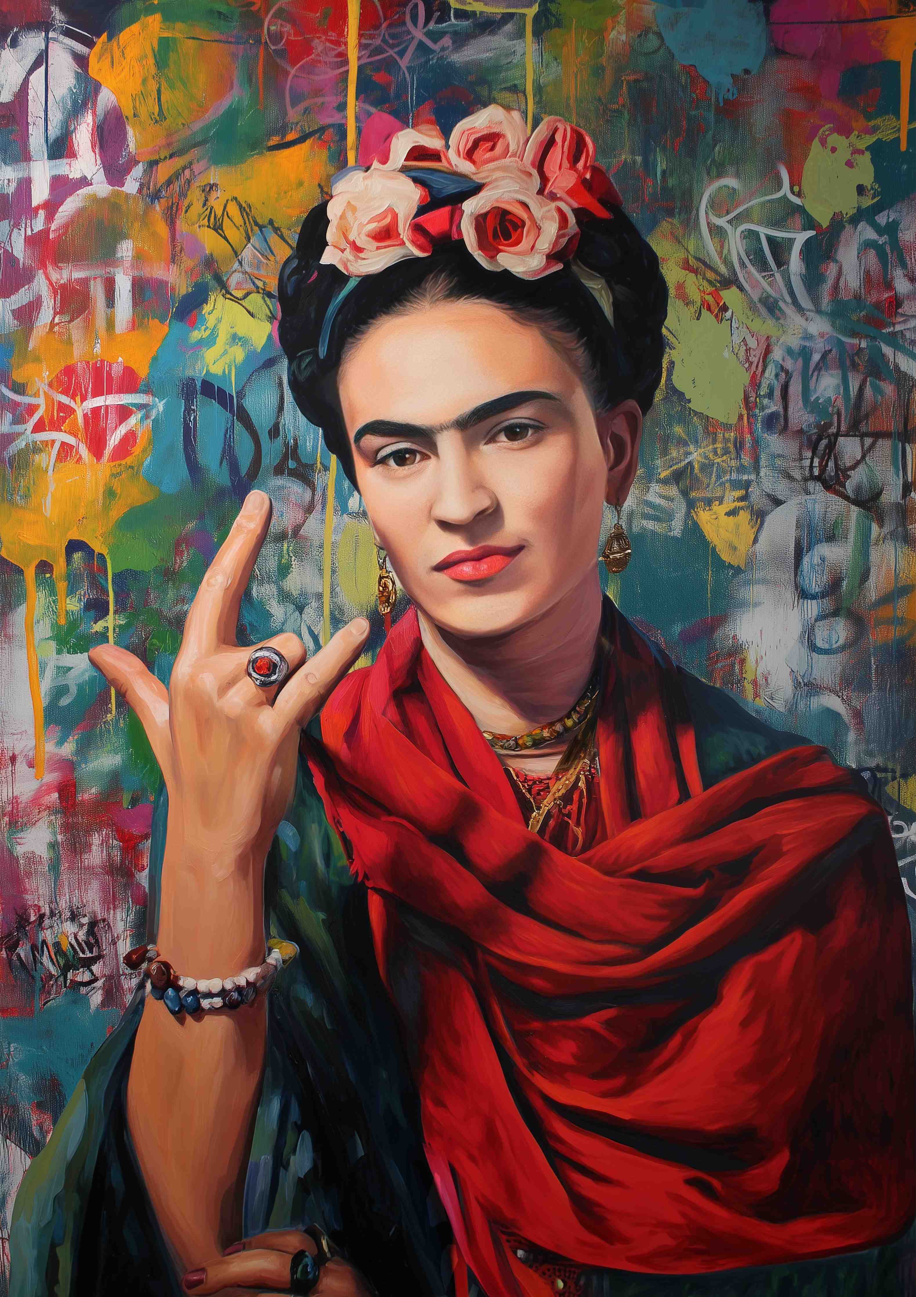 Große Wandbilder-Frida Kahlo inspiriertes Porträt mit farbenfrohem Hintergrund
