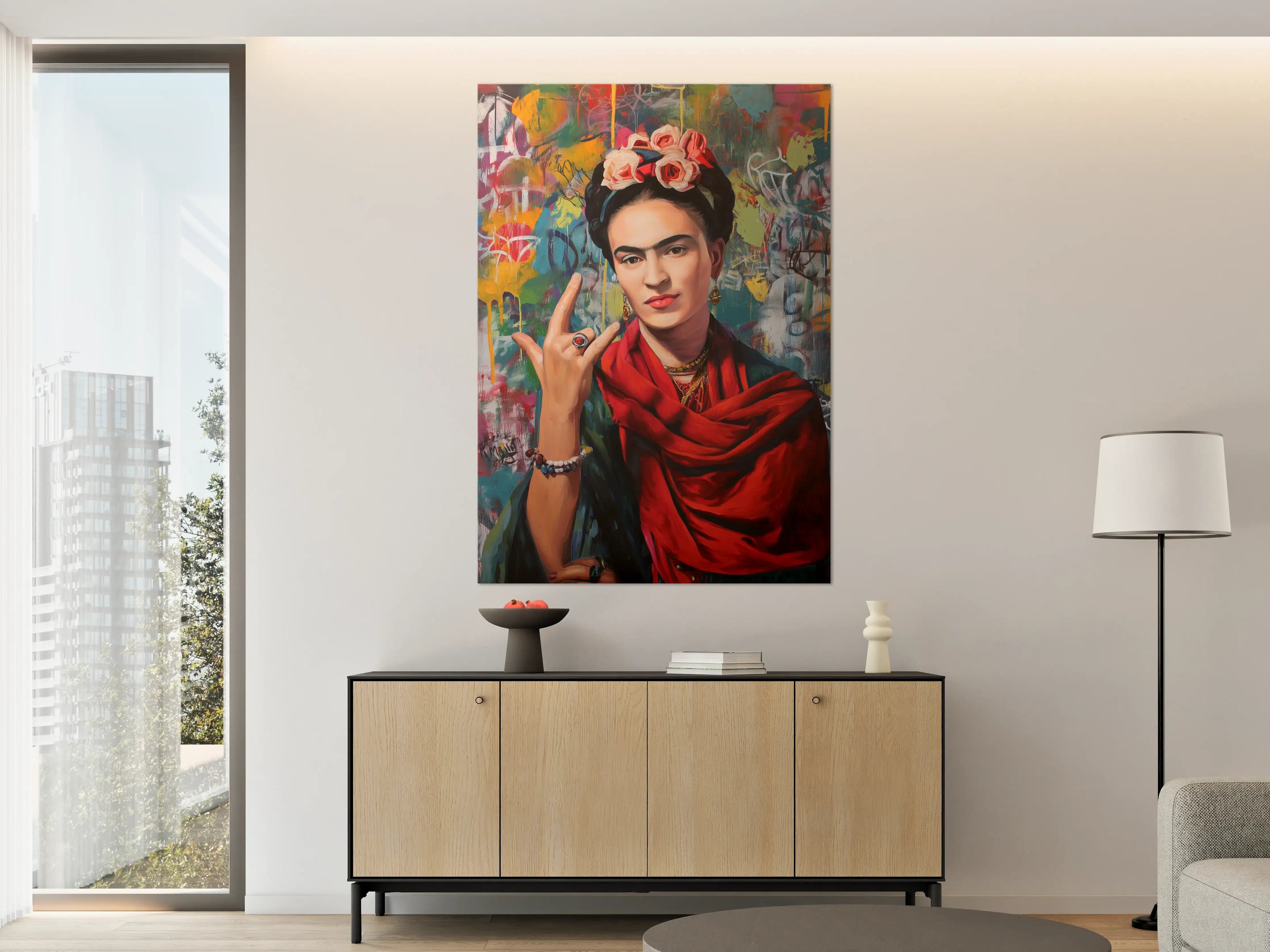 Große Wandbilder - Frida Kahlo inspiriertes Porträt mit farbenfrohem Hintergrund