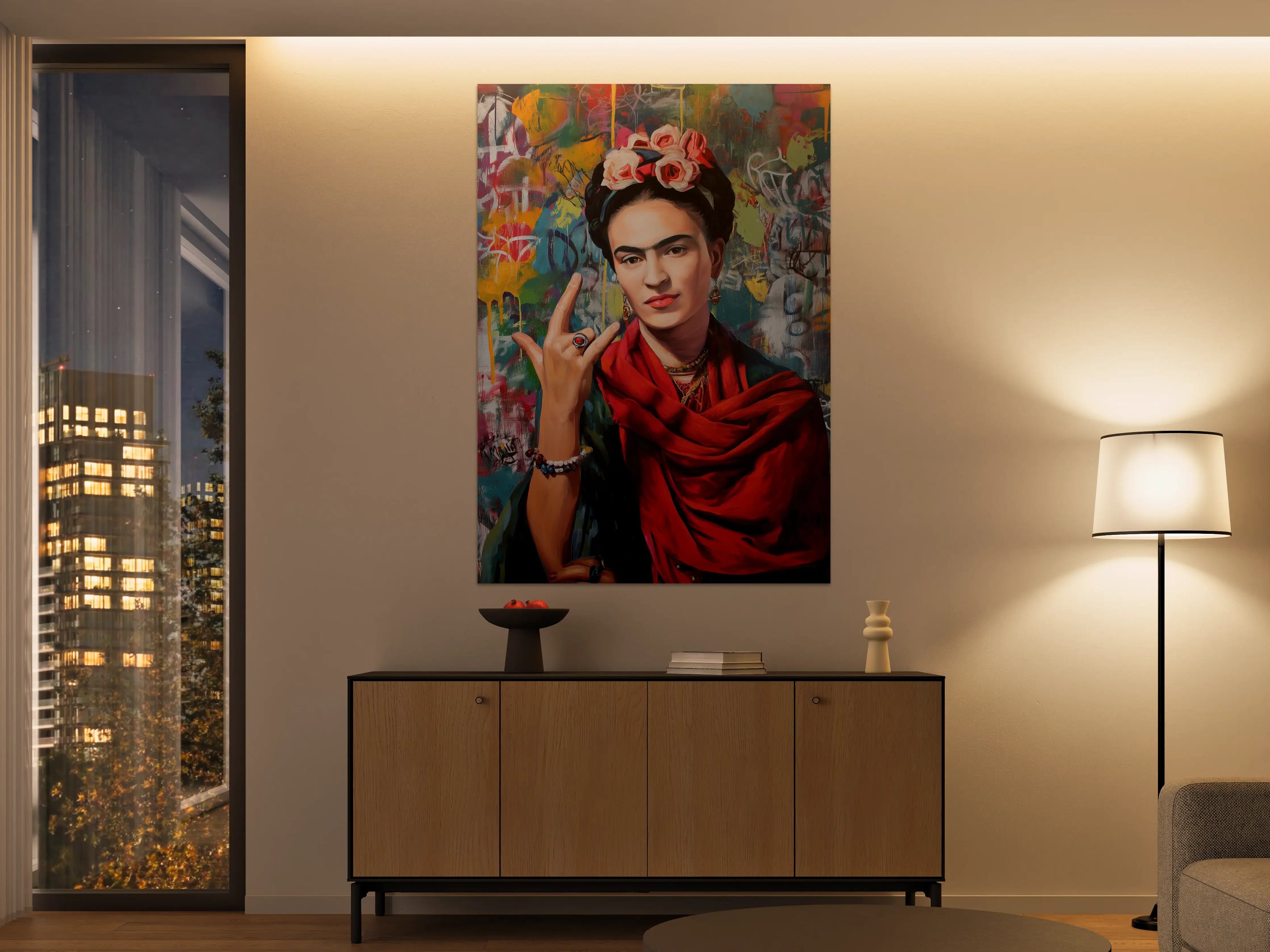 Große Wandbilder - Frida Kahlo inspiriertes Porträt mit farbenfrohem Hintergrund