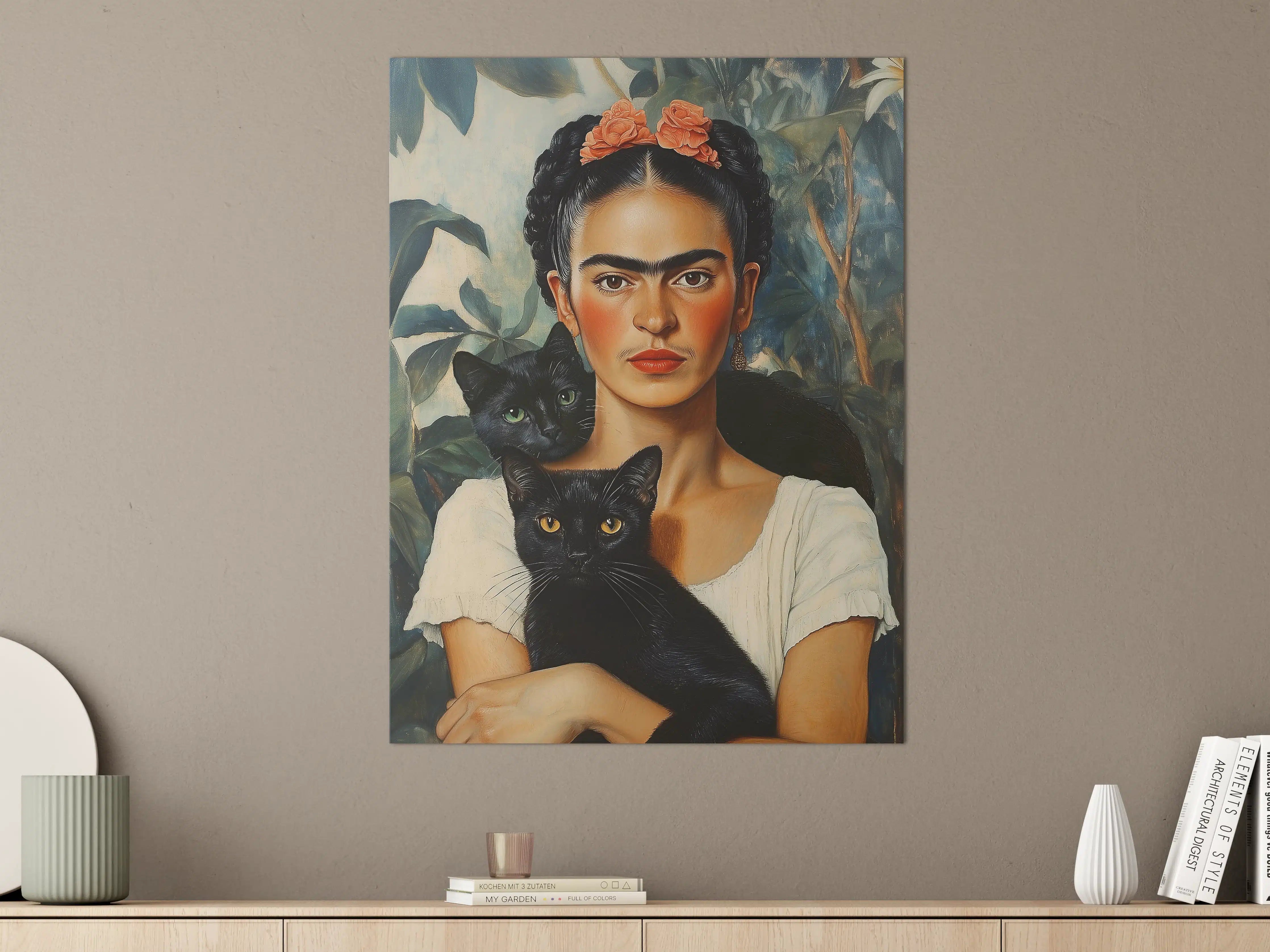 Große Wandbilder - Frida Kahlo inspiriertes Porträt mit schwarzen Katzen