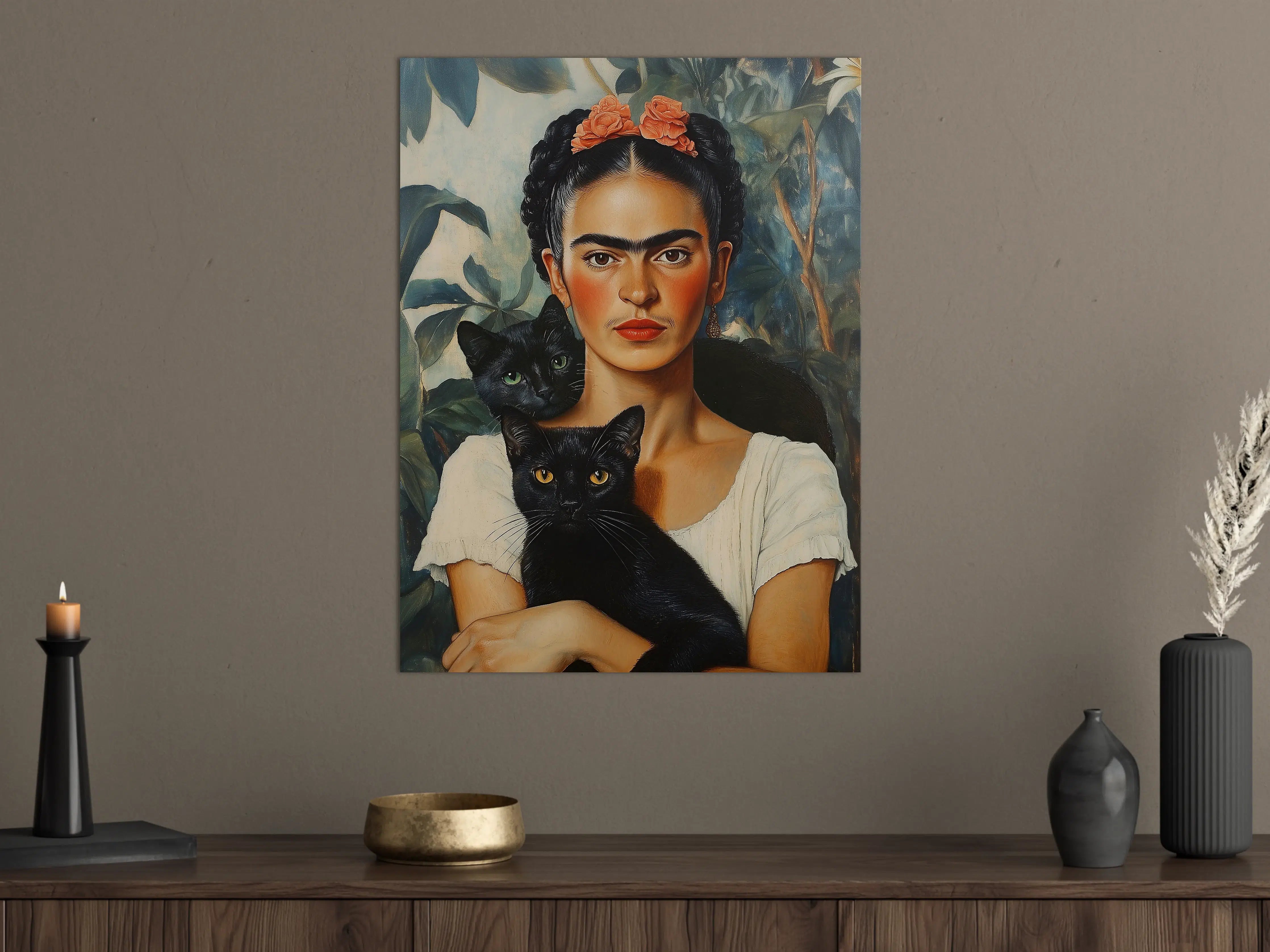 Große Wandbilder - Frida Kahlo inspiriertes Porträt mit schwarzen Katzen