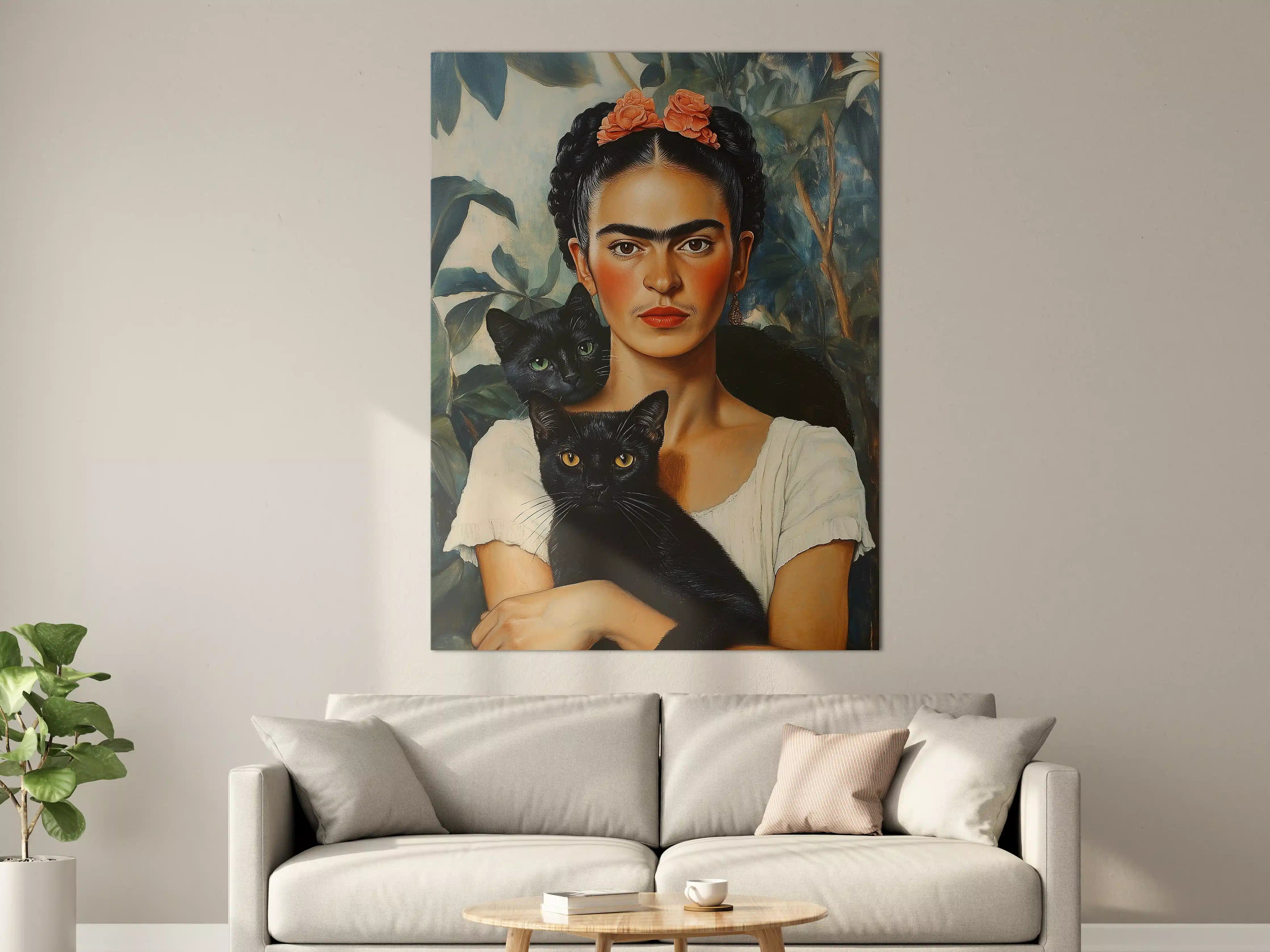 Große Wandbilder - Frida Kahlo inspiriertes Porträt mit schwarzen Katzen