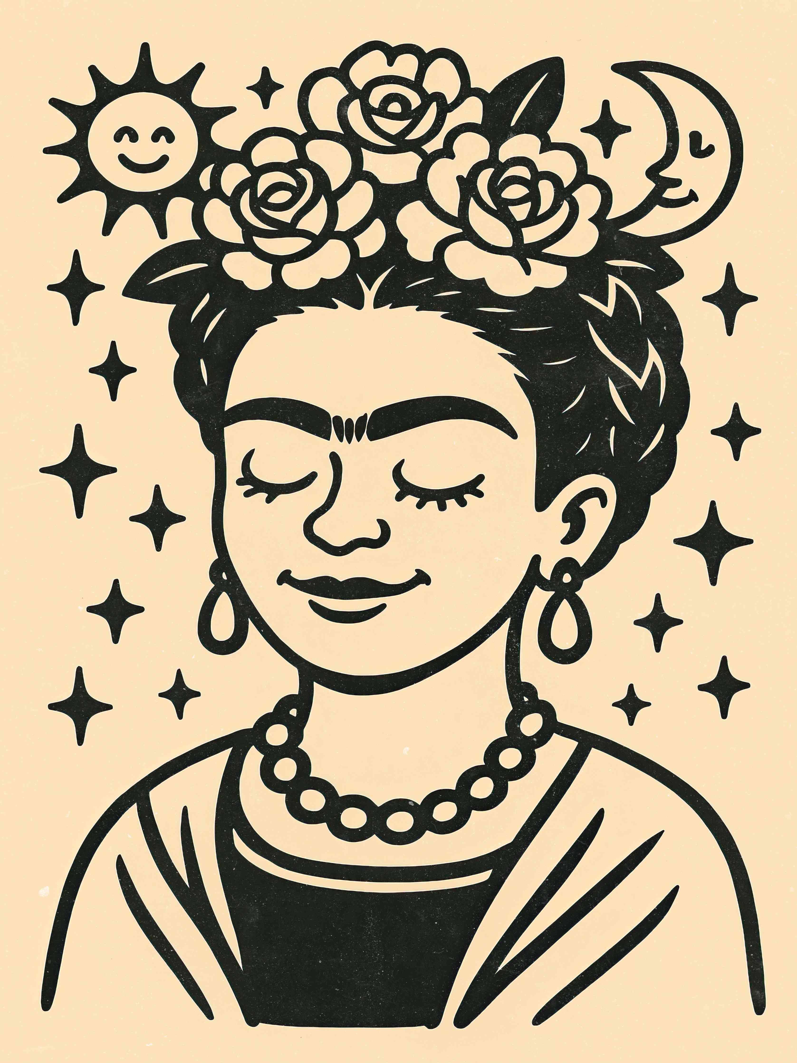 Große Wandbilder-Frida Kahlo inspiriertes Wandbild mit Blumenkranz