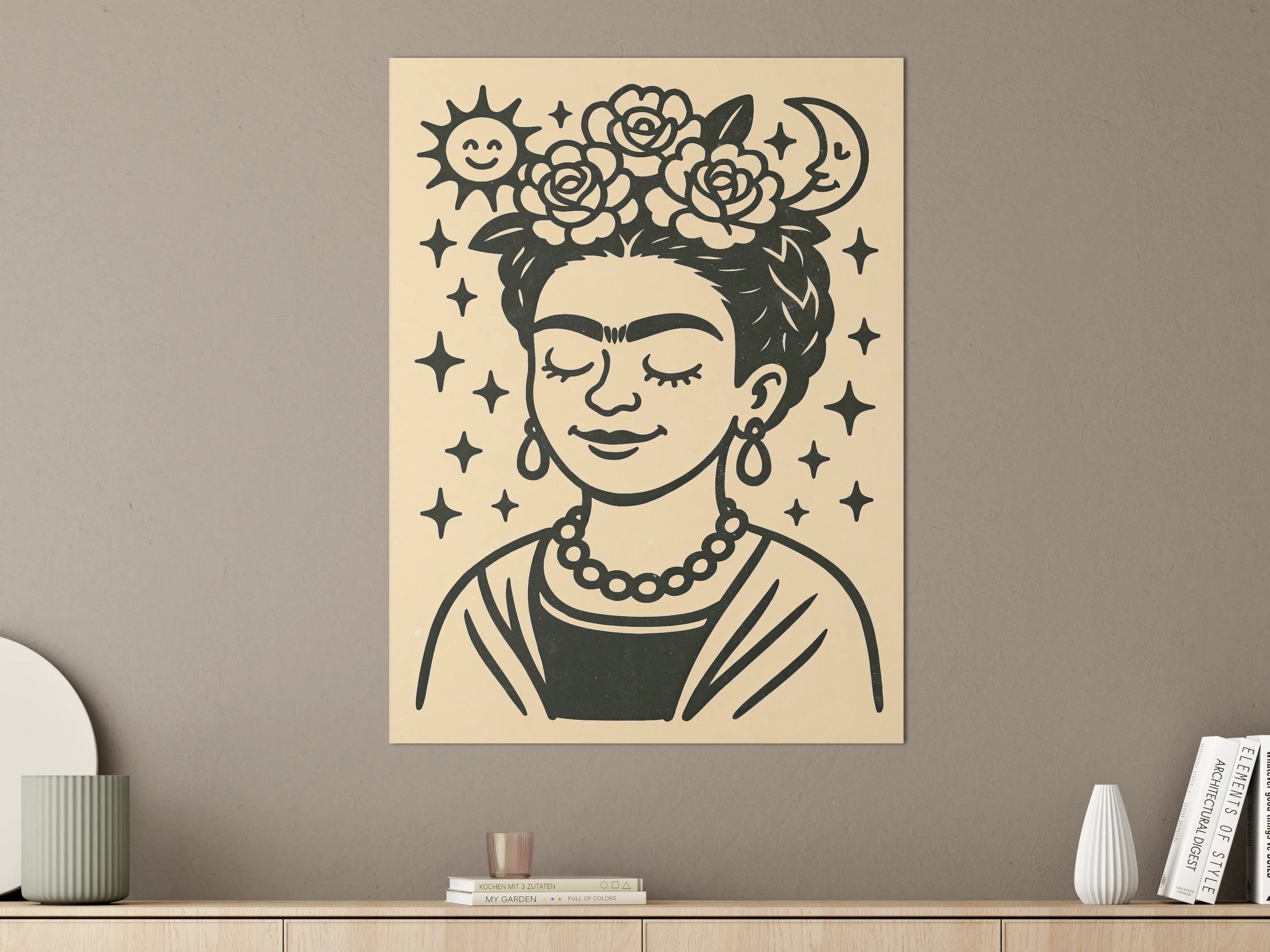Große Wandbilder - Frida Kahlo inspiriertes Wandbild mit Blumenkranz