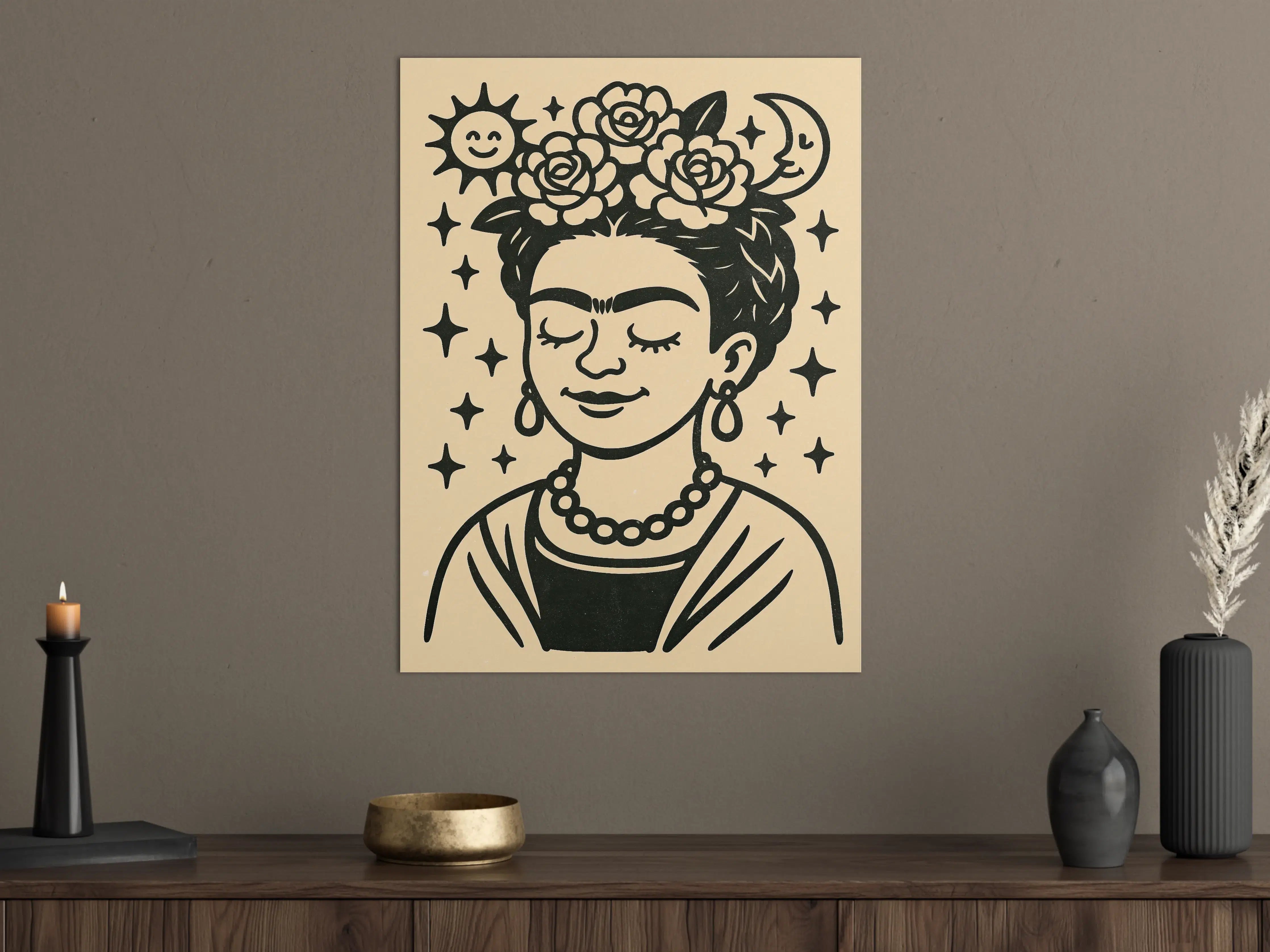 Große Wandbilder - Frida Kahlo inspiriertes Wandbild mit Blumenkranz