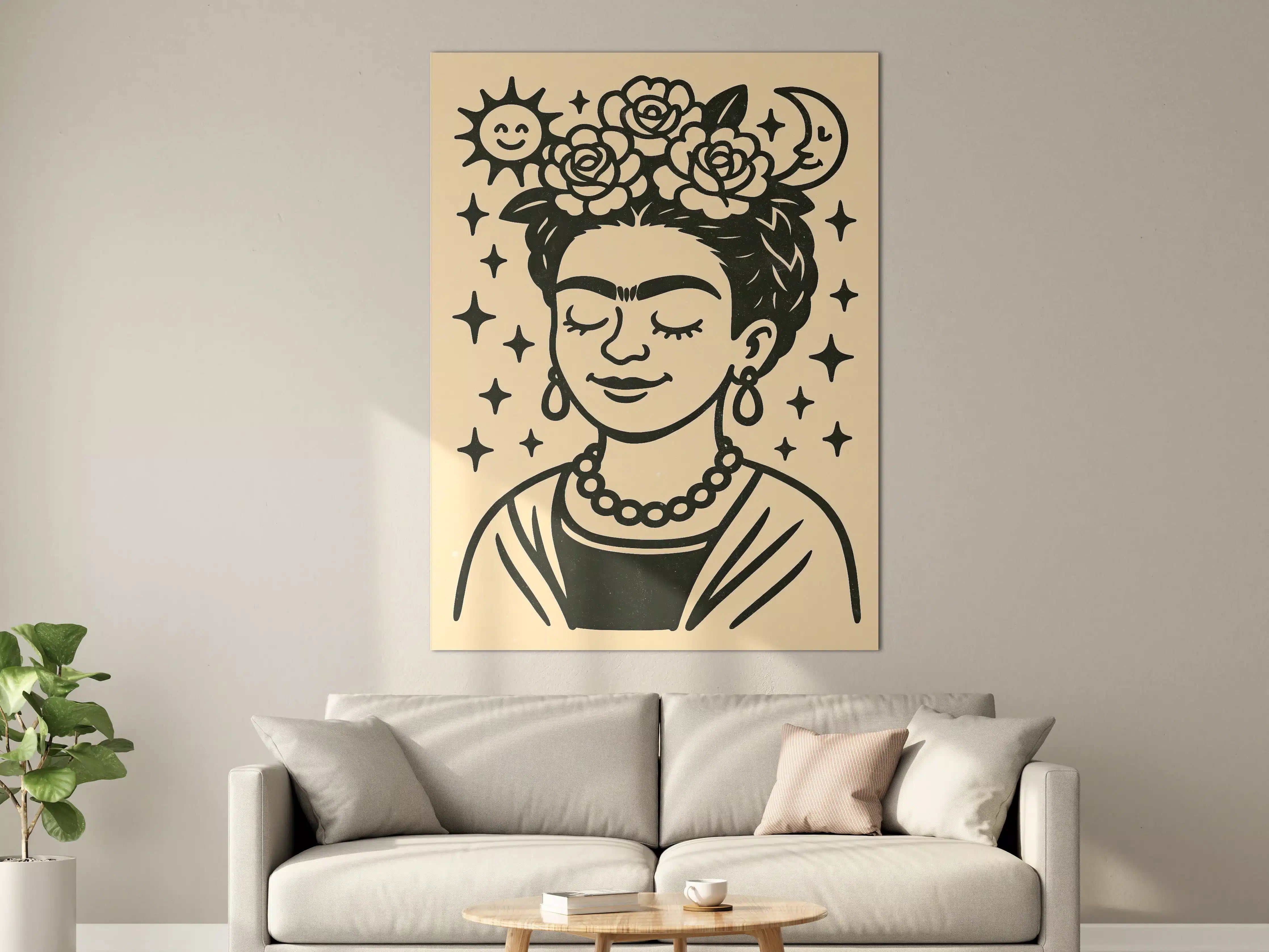 Große Wandbilder - Frida Kahlo inspiriertes Wandbild mit Blumenkranz