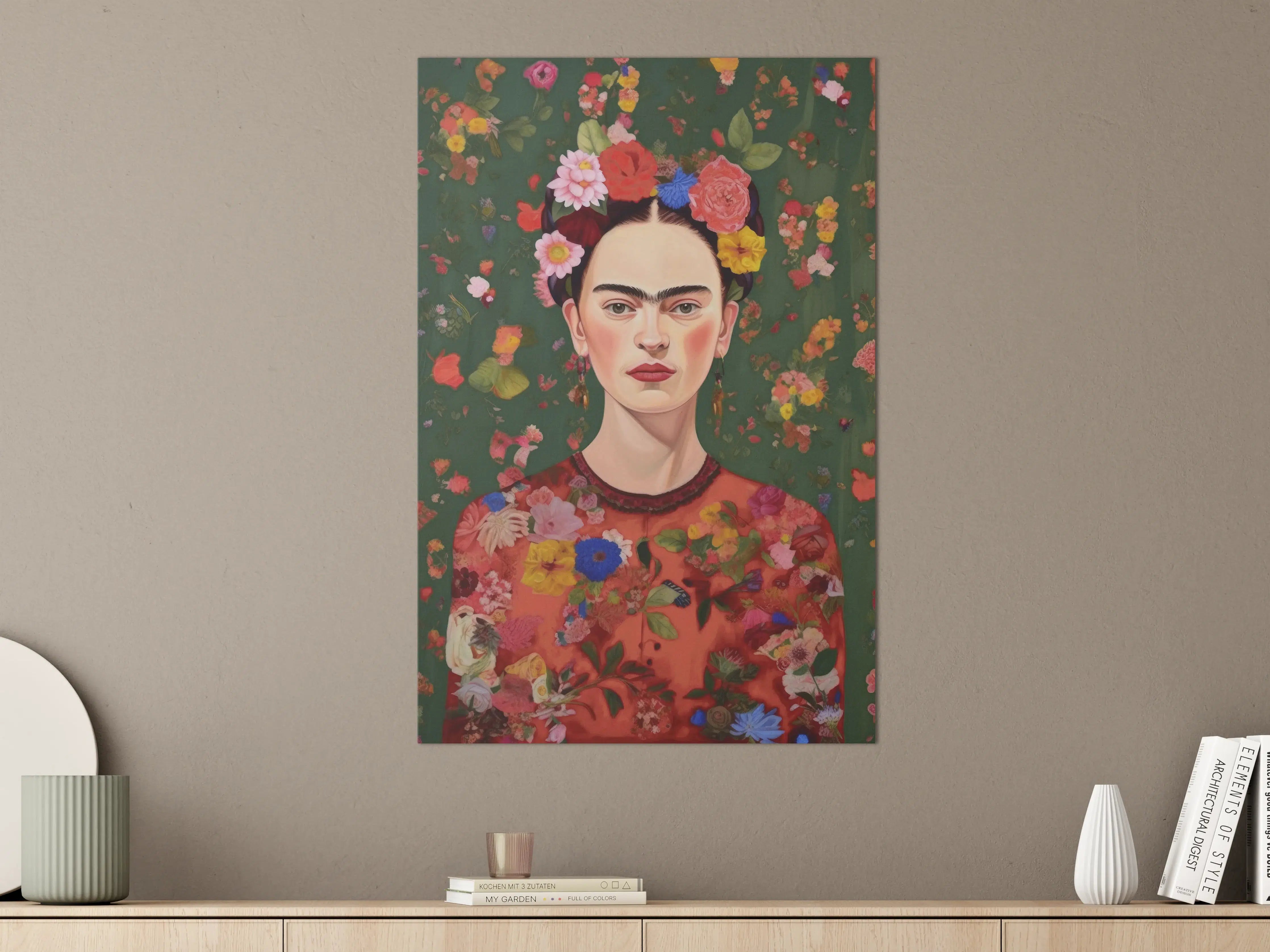 Große Wandbilder - Frida Kahlo inspiriertes Wandbild mit buntem Blumenkranz
