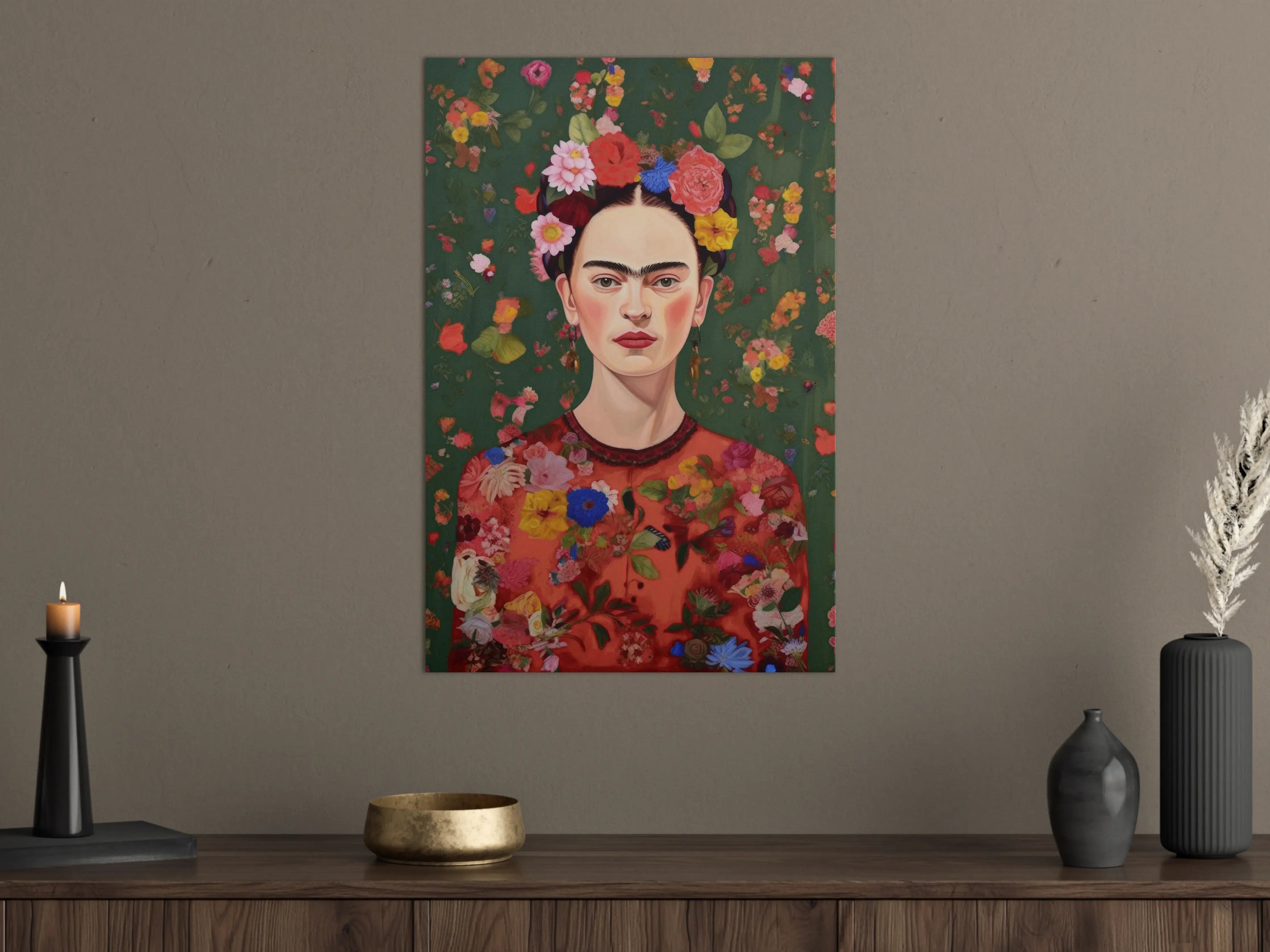 Große Wandbilder - Frida Kahlo inspiriertes Wandbild mit buntem Blumenkranz