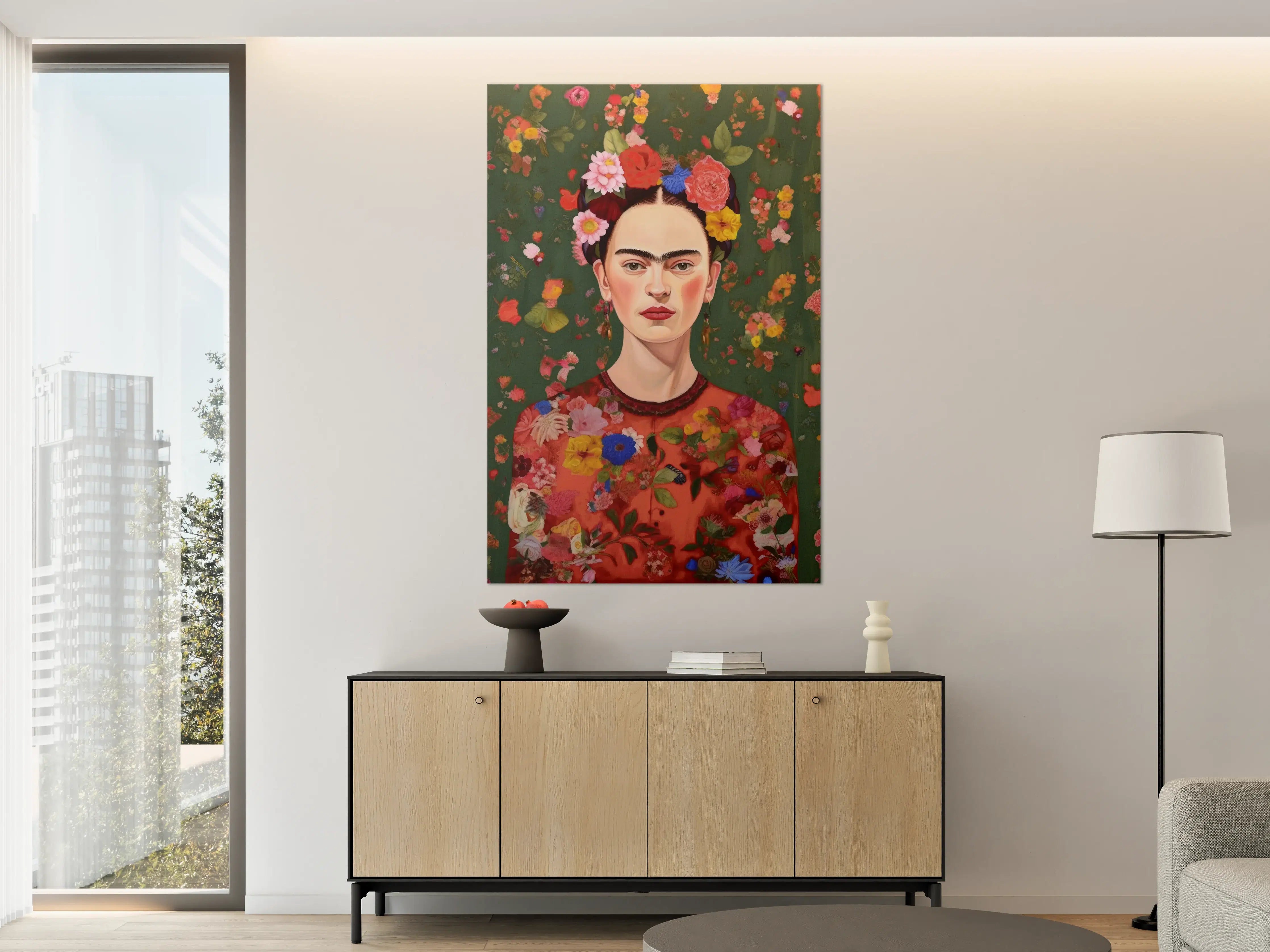 Große Wandbilder - Frida Kahlo inspiriertes Wandbild mit buntem Blumenkranz