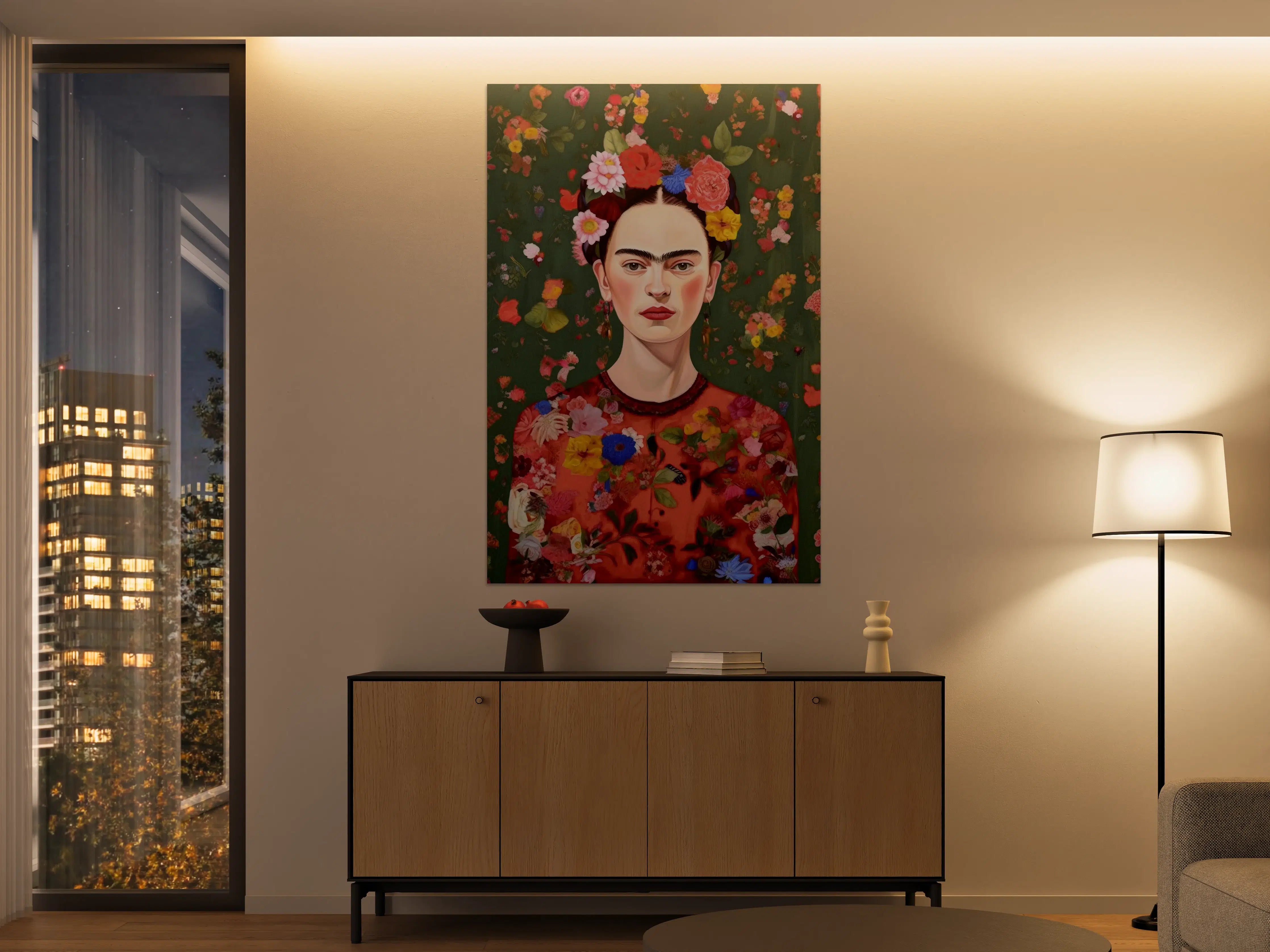 Große Wandbilder - Frida Kahlo inspiriertes Wandbild mit buntem Blumenkranz
