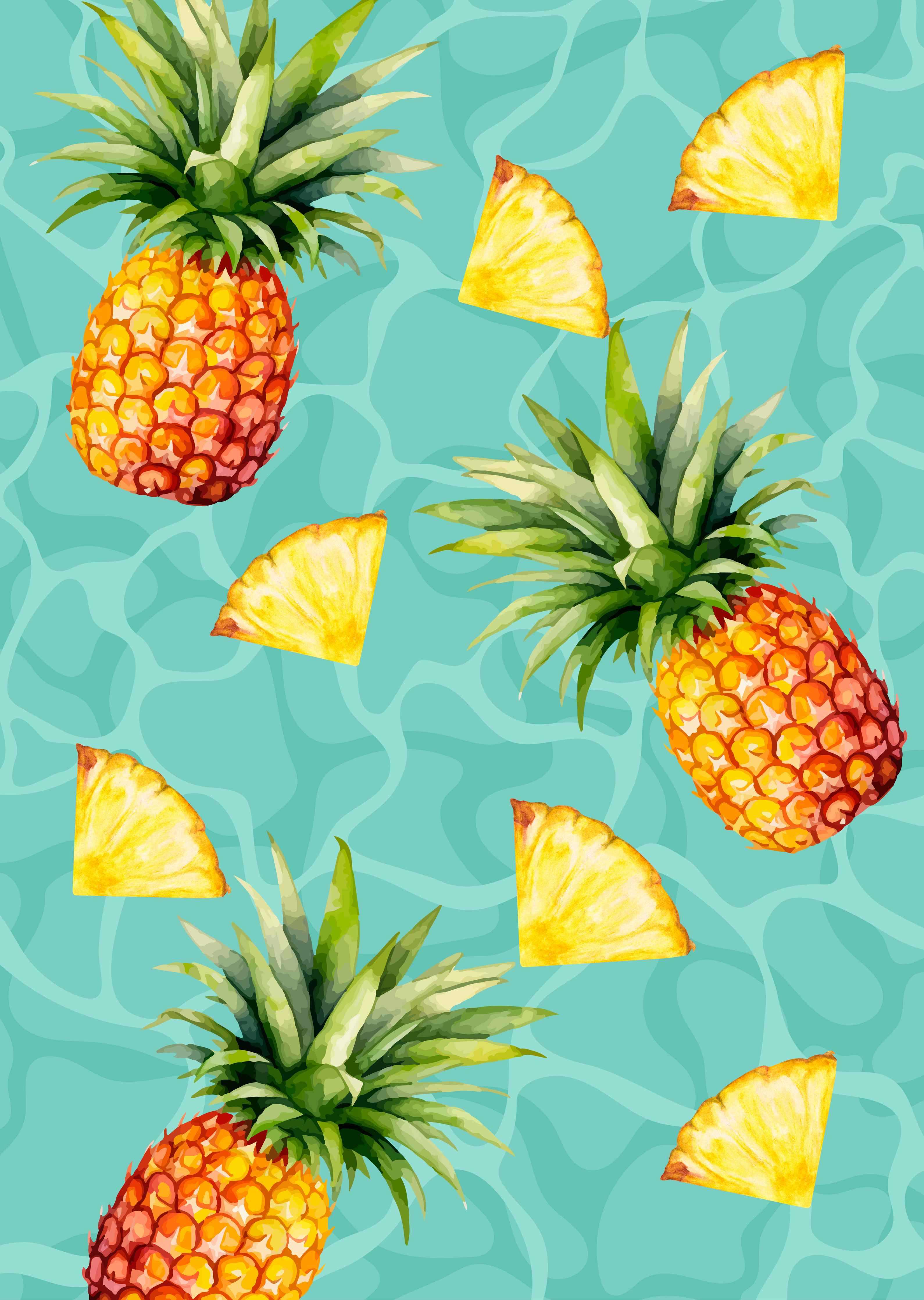 Große Wandbilder-Frische Ananas mit Ananasstücken auf Wassermuster-Hintergrund