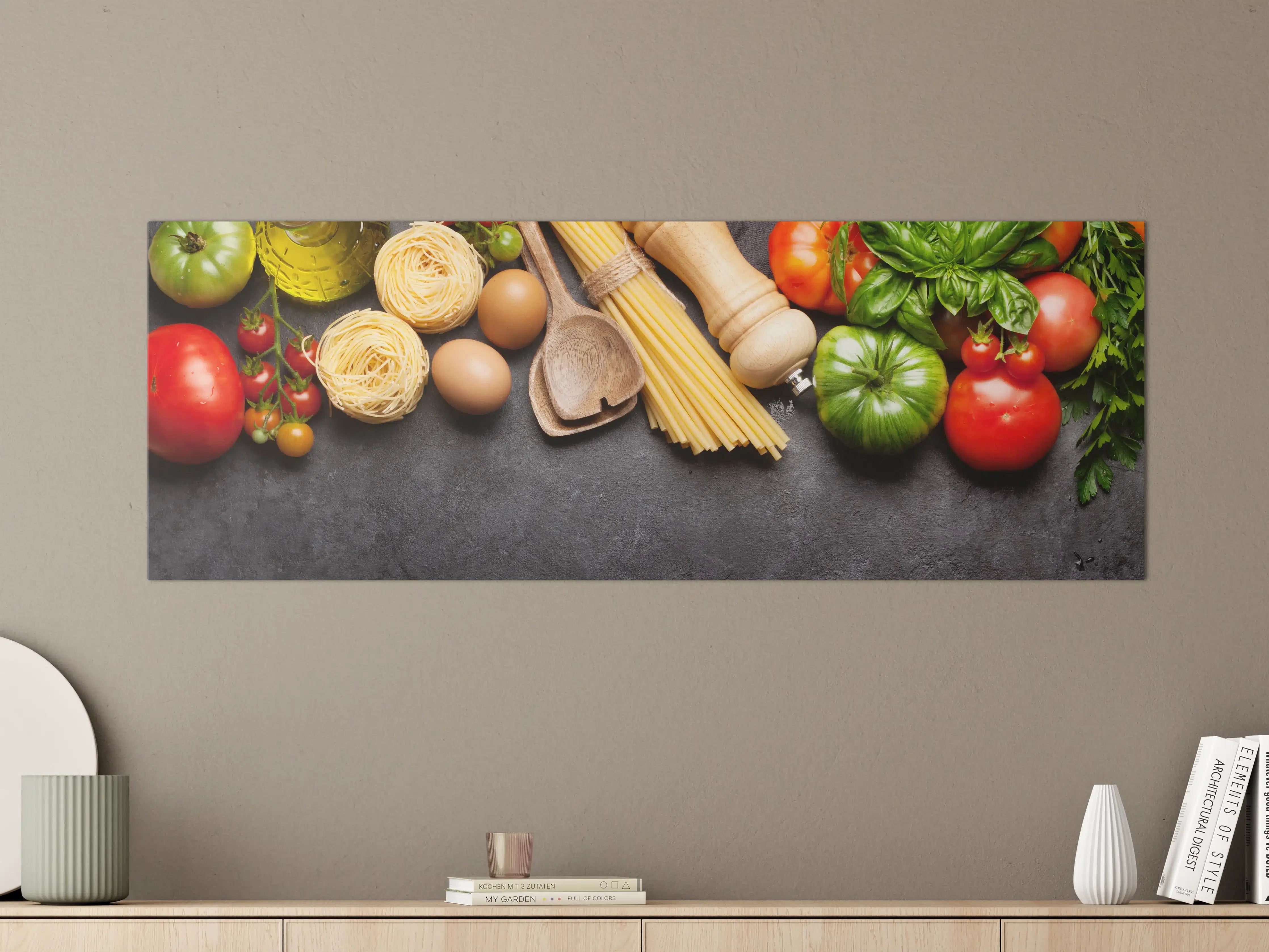 Große Wandbilder - Frische Einkaufsliste mit Pasta und Gemüse