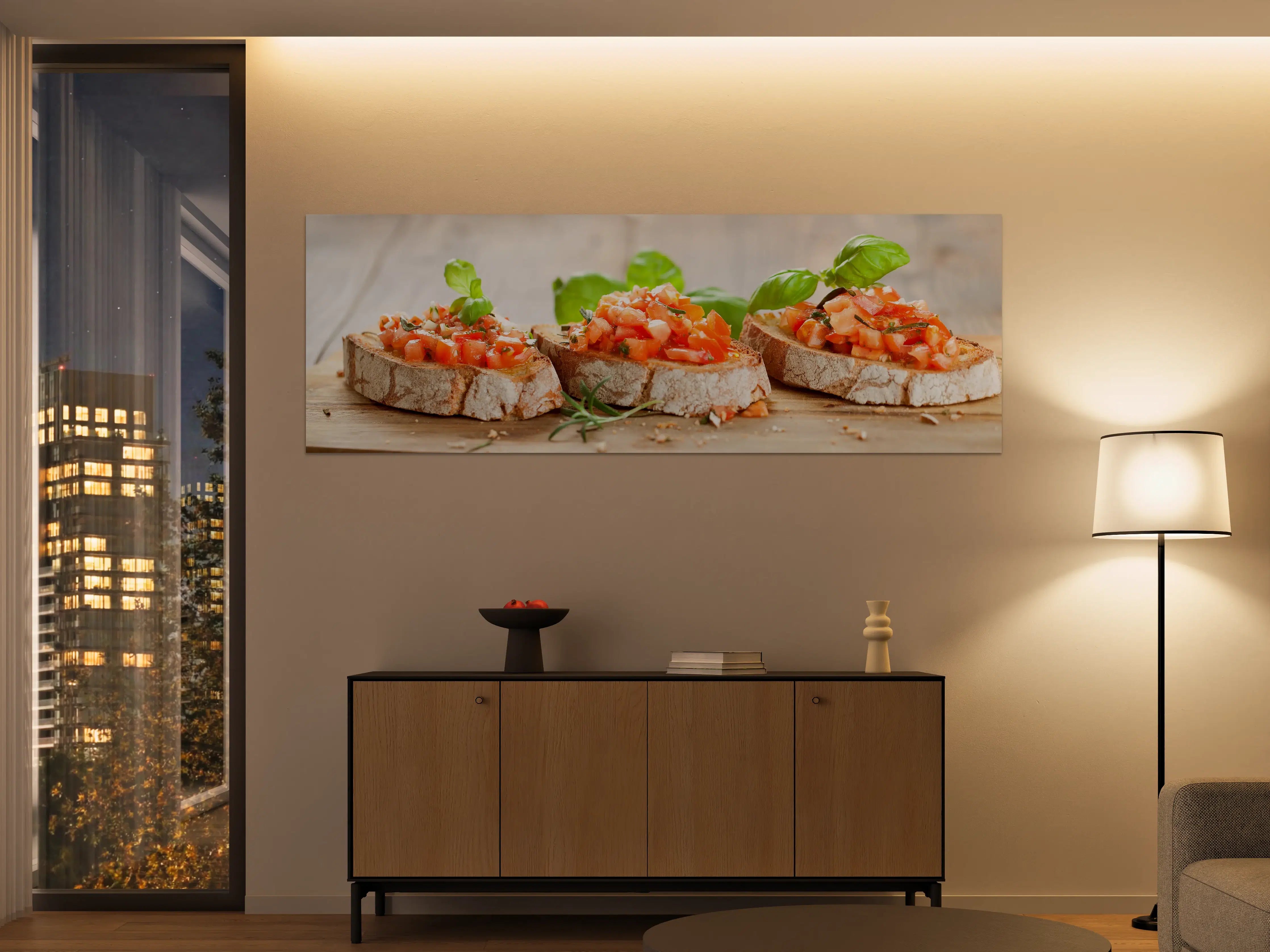 Große Wandbilder - Frisches Tomatenbrot mit Basilikum