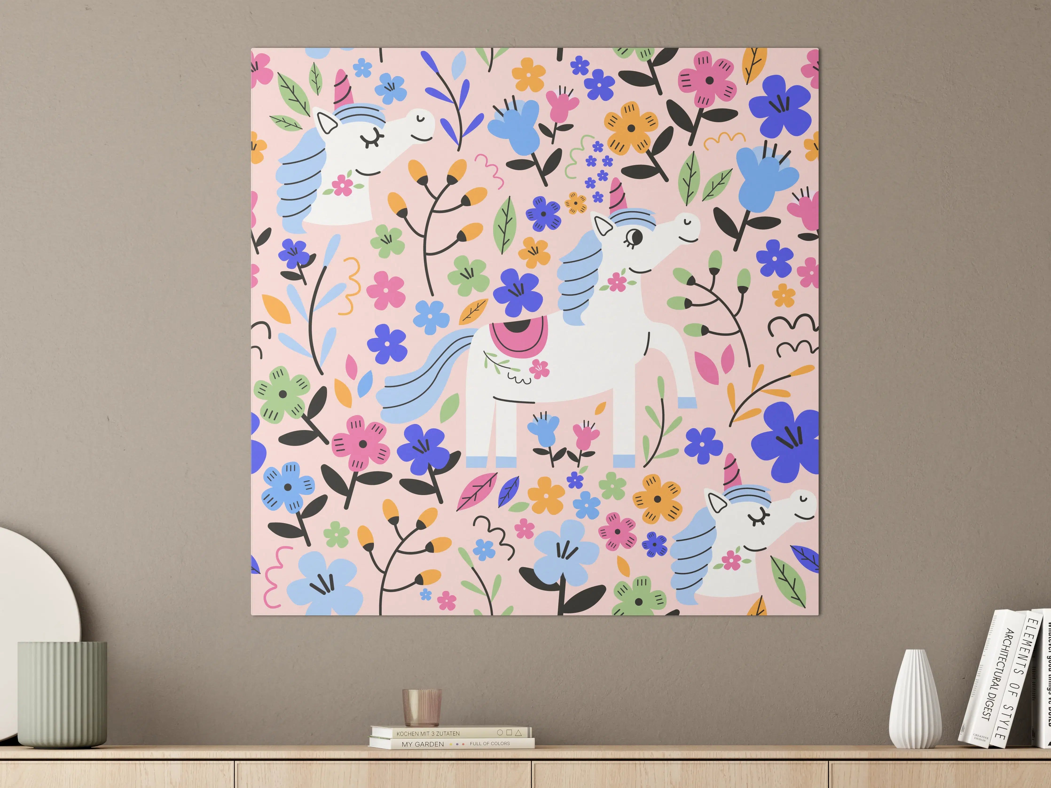 Große Wandbilder - Fröhliche Einhorn-Wanddekoration mit bunten Blumen