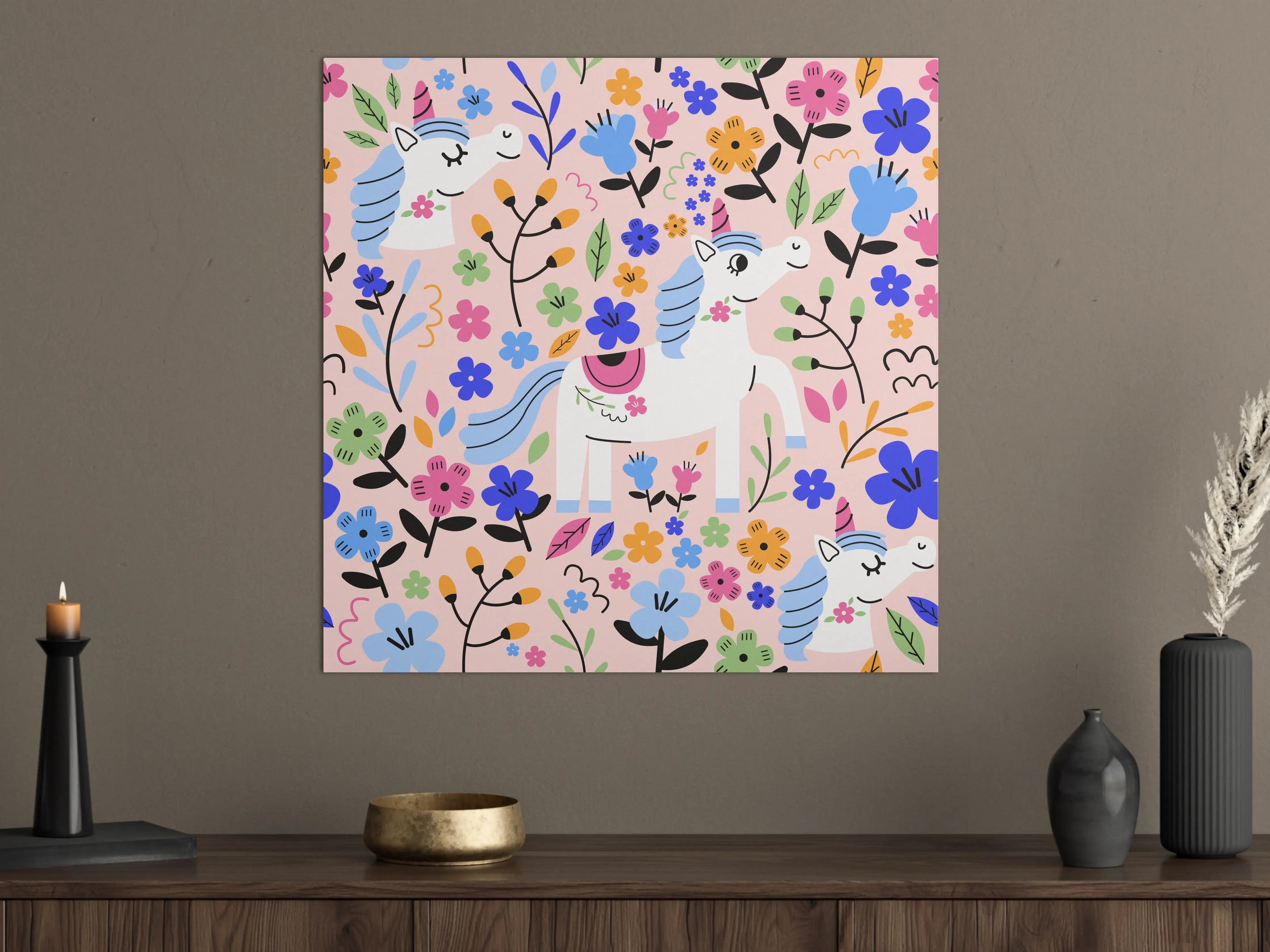 Große Wandbilder - Fröhliche Einhorn-Wanddekoration mit bunten Blumen