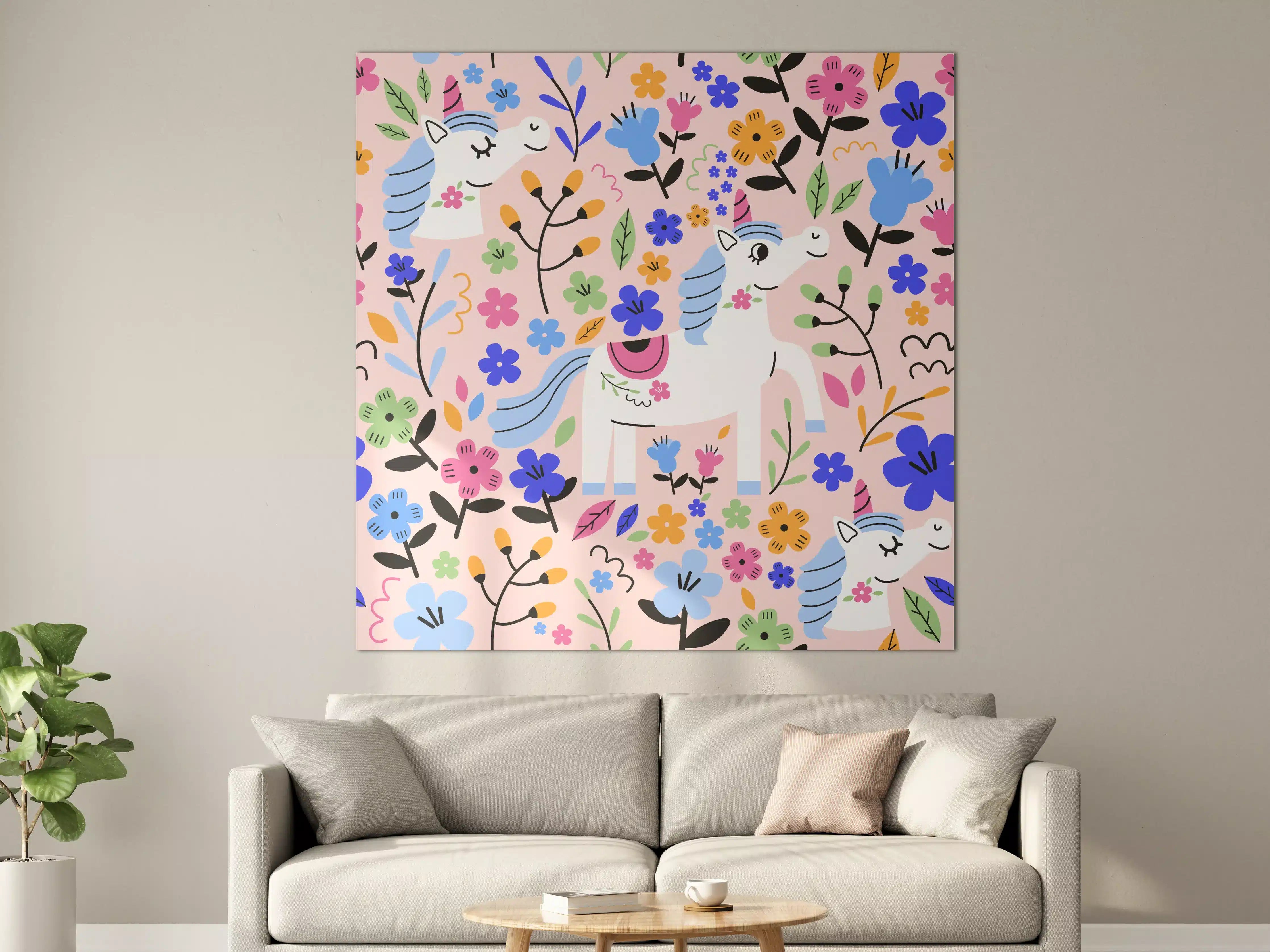 Große Wandbilder - Fröhliche Einhorn-Wanddekoration mit bunten Blumen