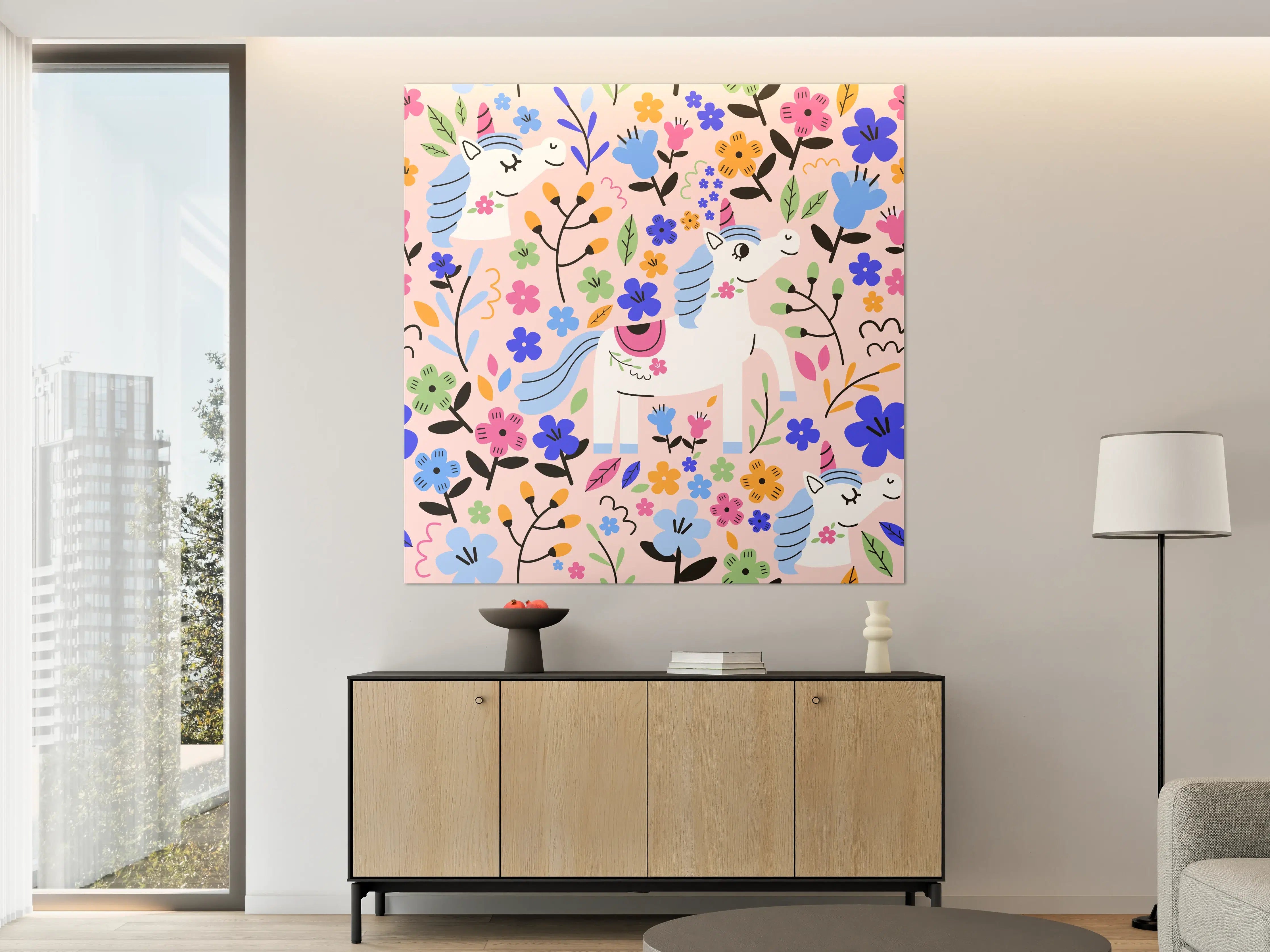 Große Wandbilder - Fröhliche Einhorn-Wanddekoration mit bunten Blumen