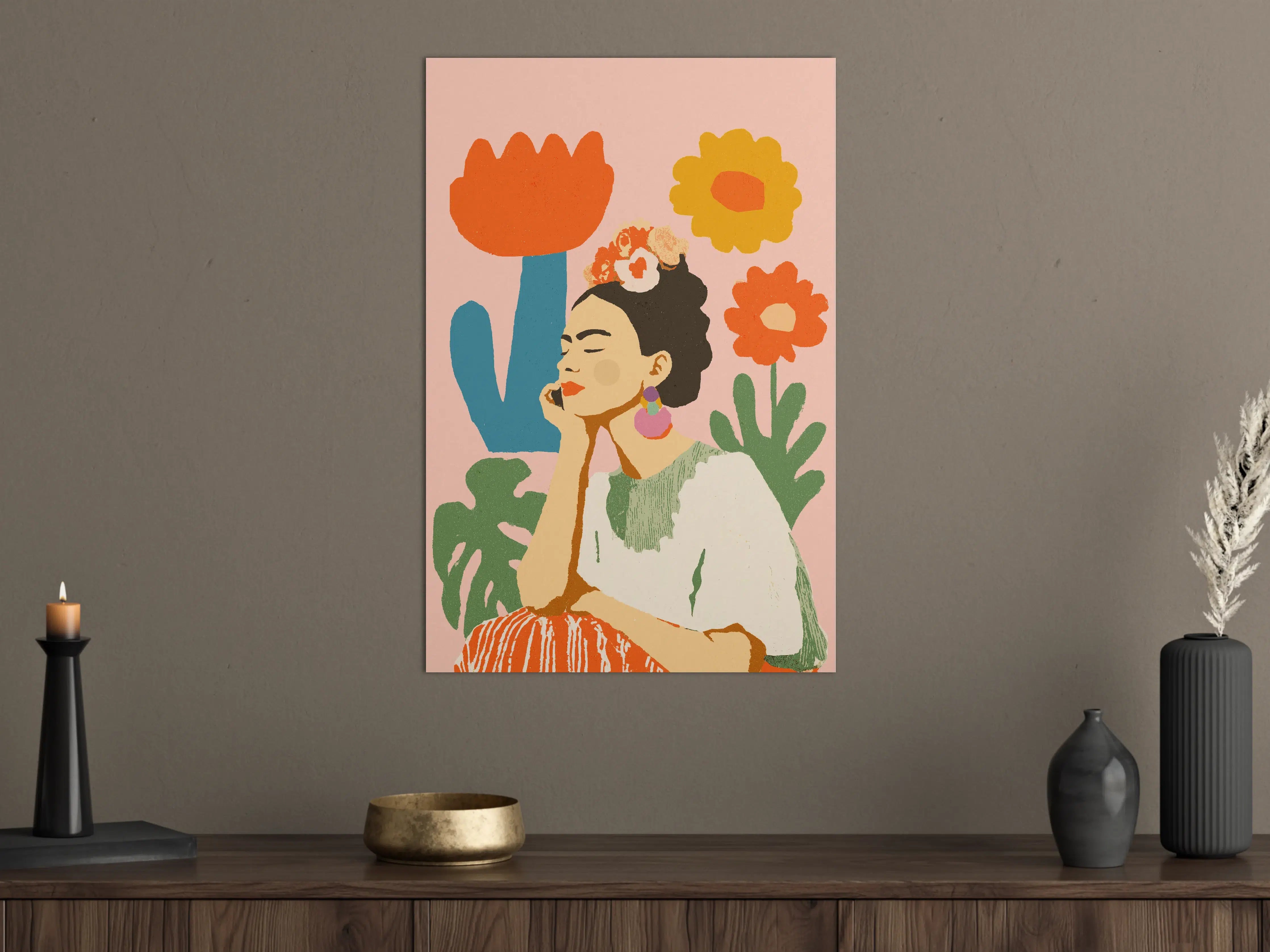 Große Wandbilder - Fröhliche Frau mit Blumenkranz und buntem Hintergrund