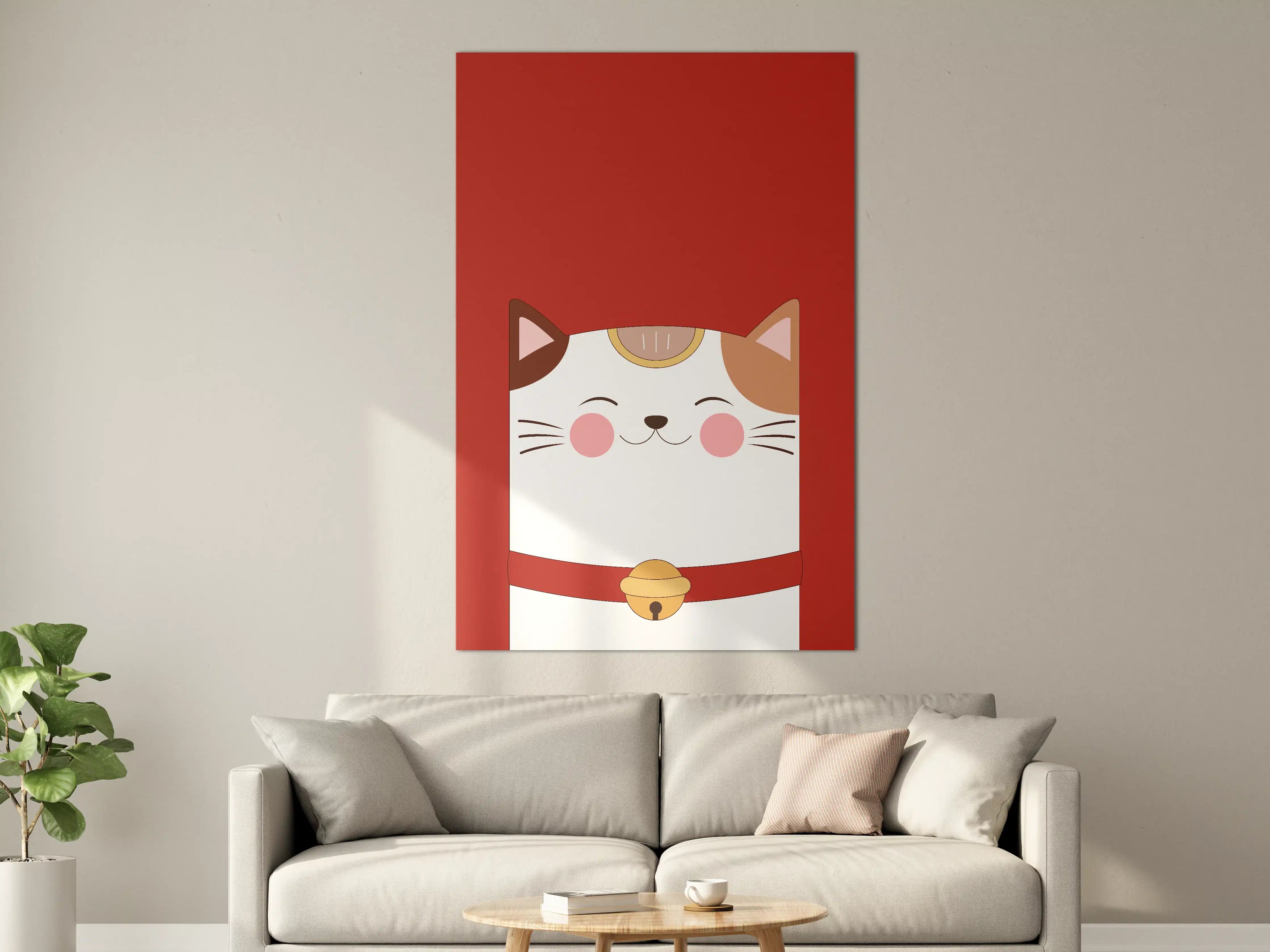 Große Wandbilder - Fröhliche Katzenfigur auf rotem Hintergrund