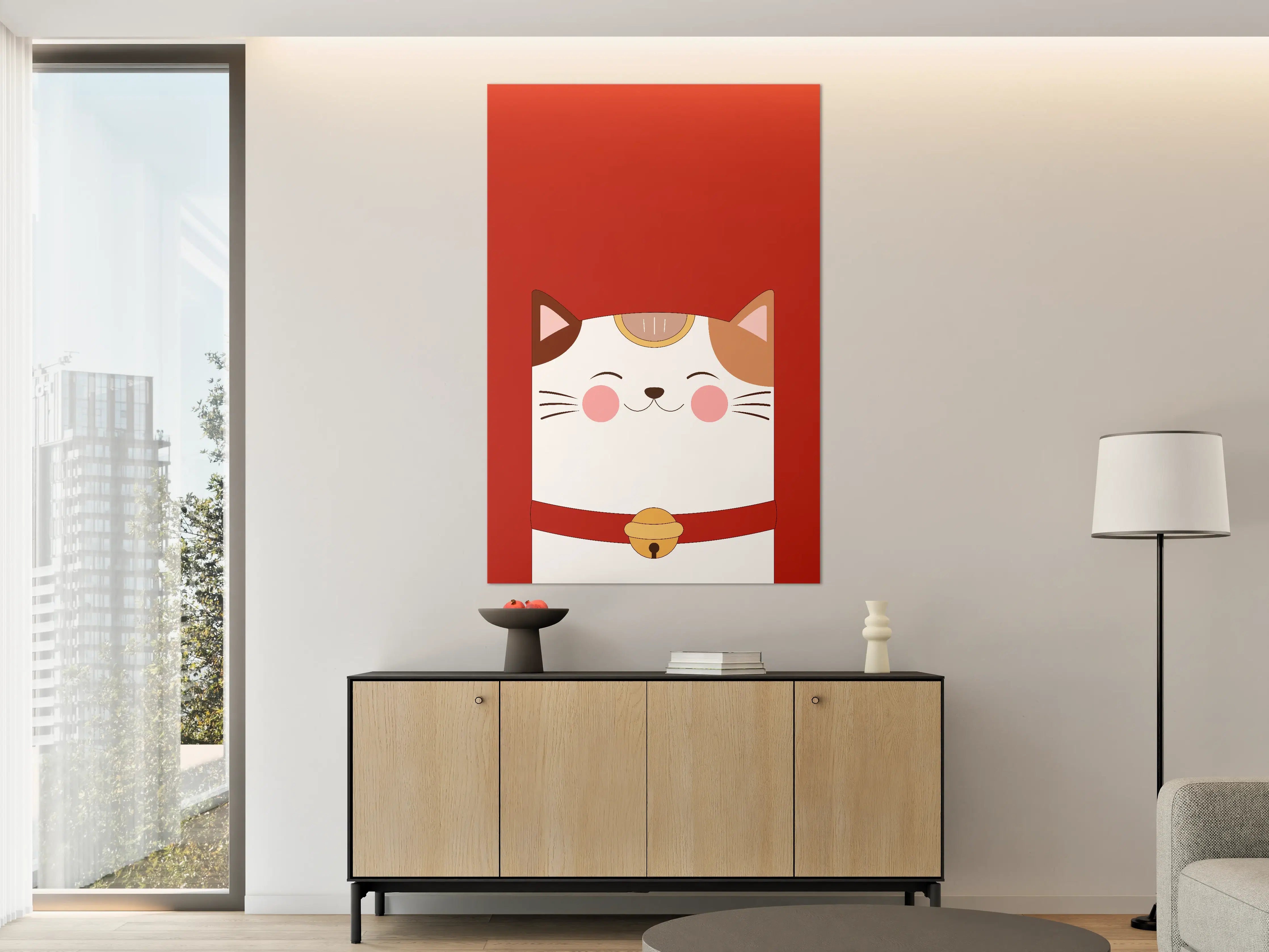 Große Wandbilder - Fröhliche Katzenfigur auf rotem Hintergrund