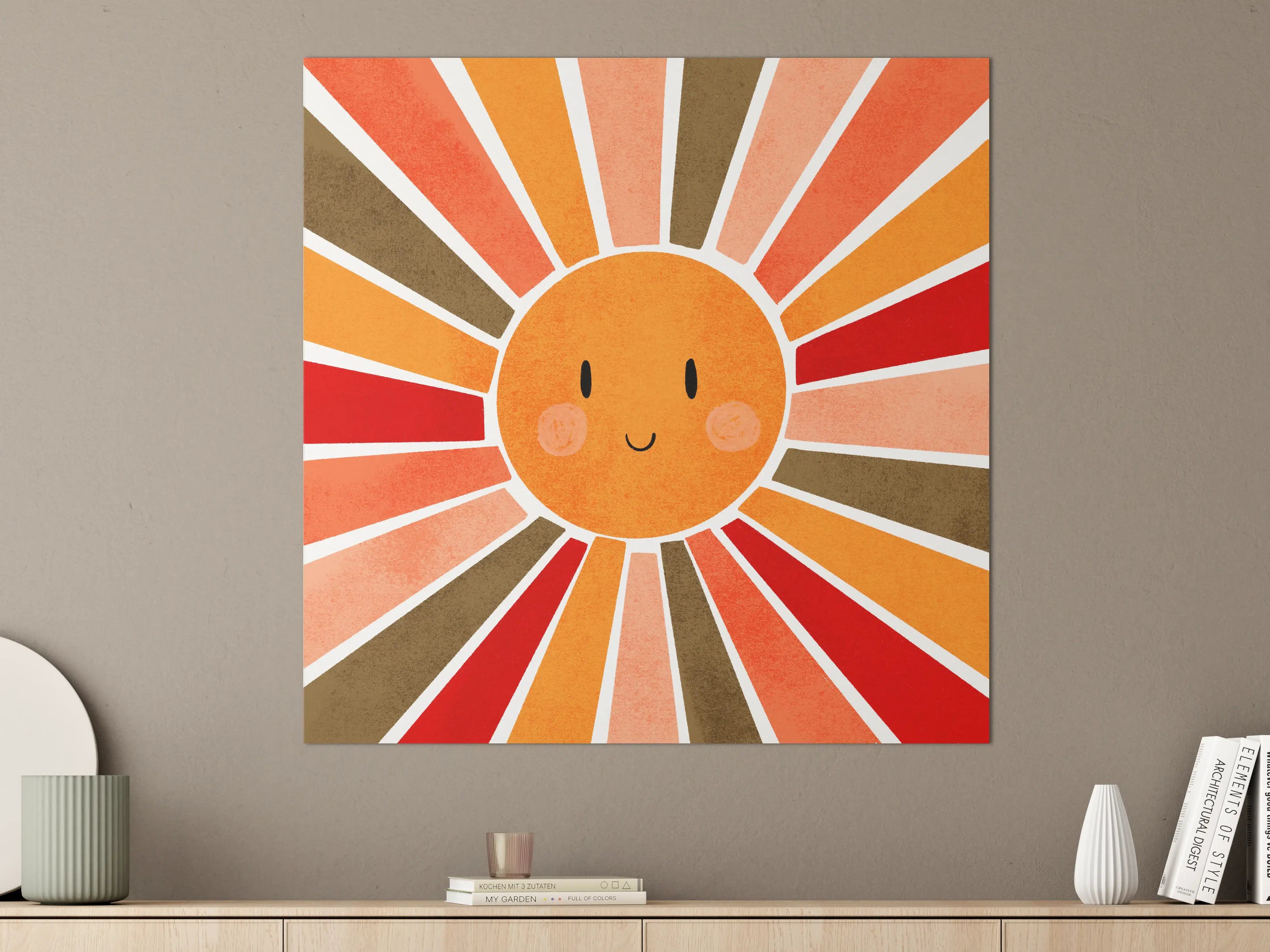 Große Wandbilder - Fröhliche Sonnengesicht-Illustration in warmen Tönen