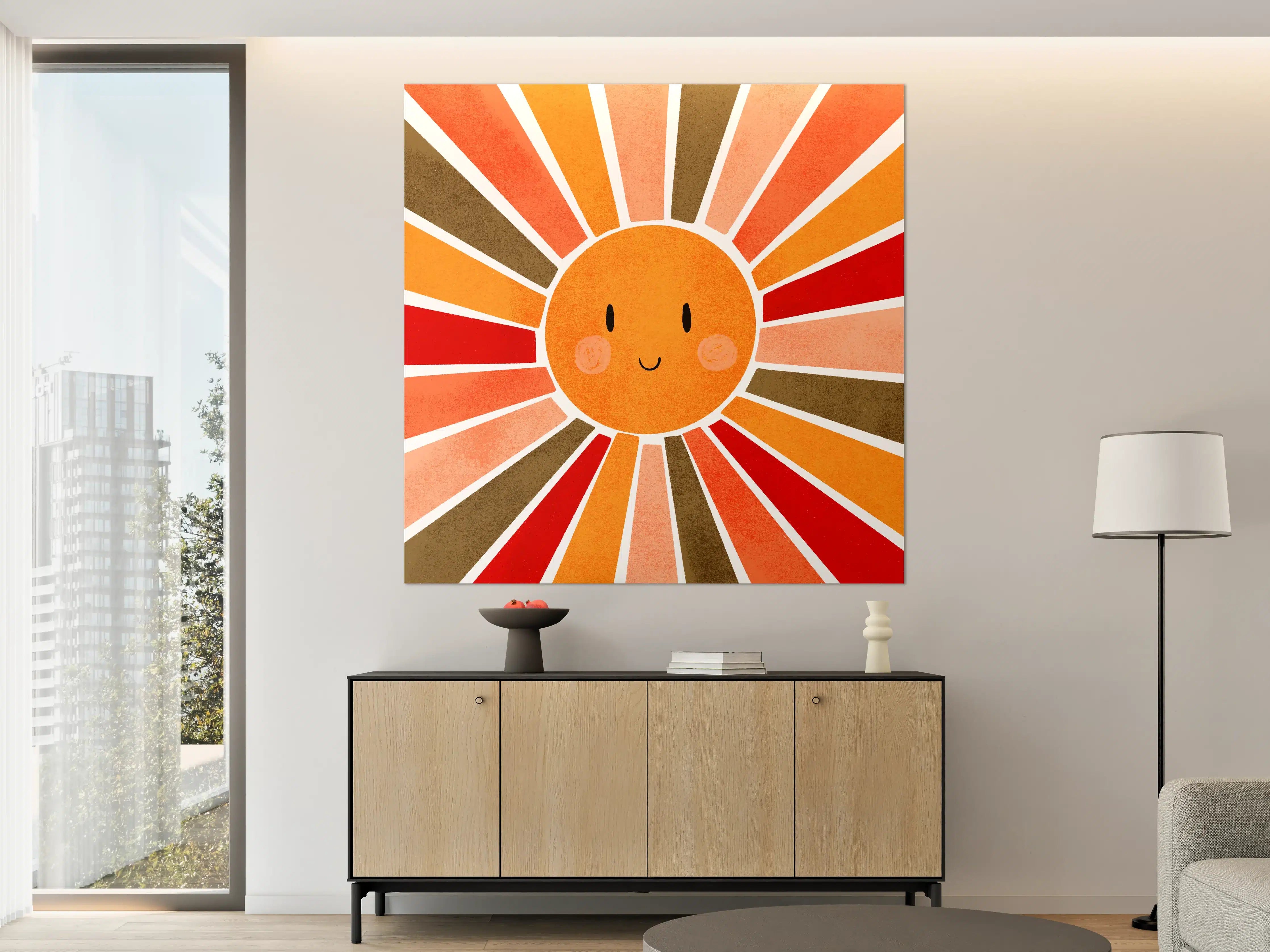 Große Wandbilder - Fröhliche Sonnengesicht-Illustration in warmen Tönen