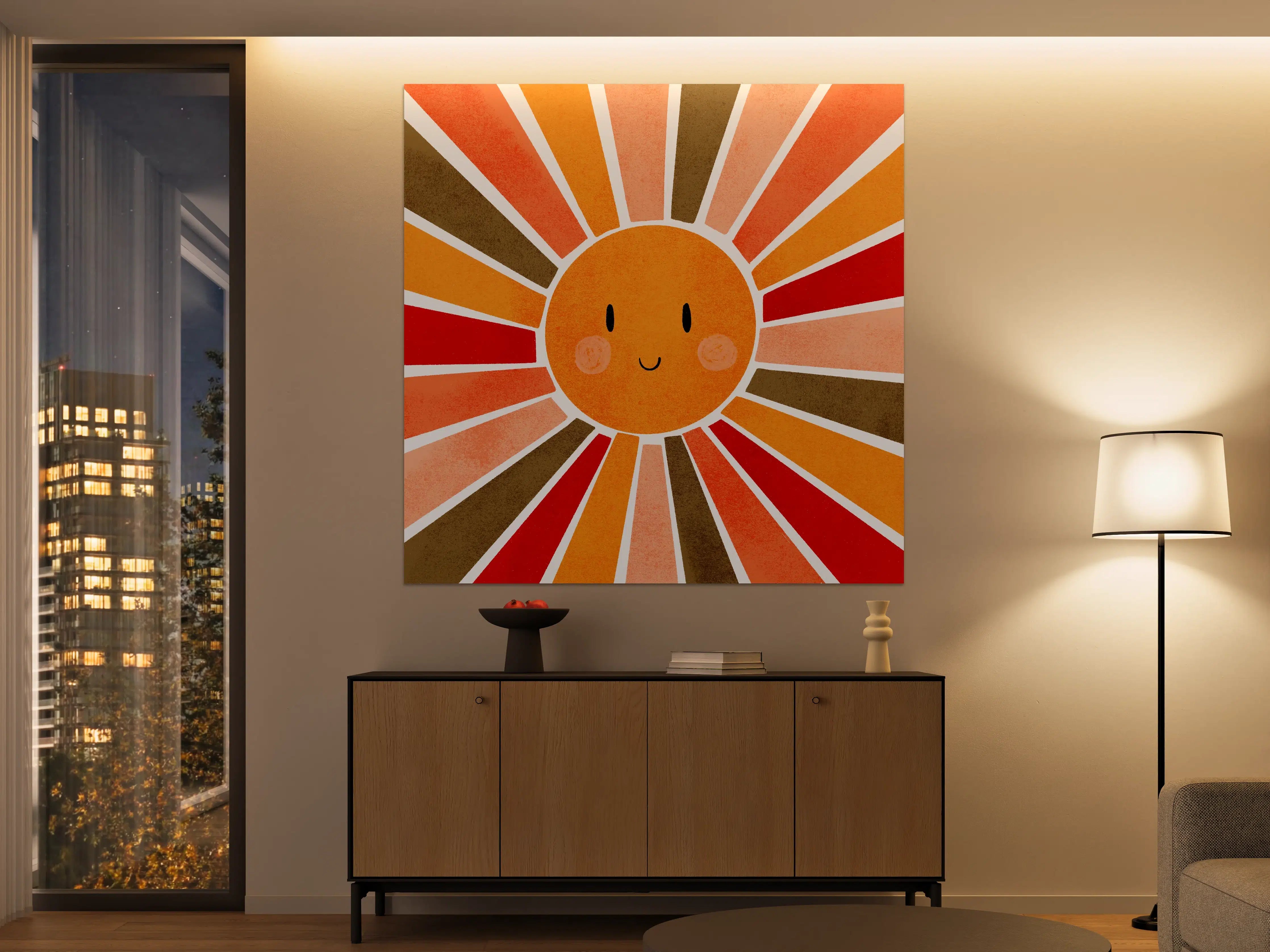 Große Wandbilder - Fröhliche Sonnengesicht-Illustration in warmen Tönen