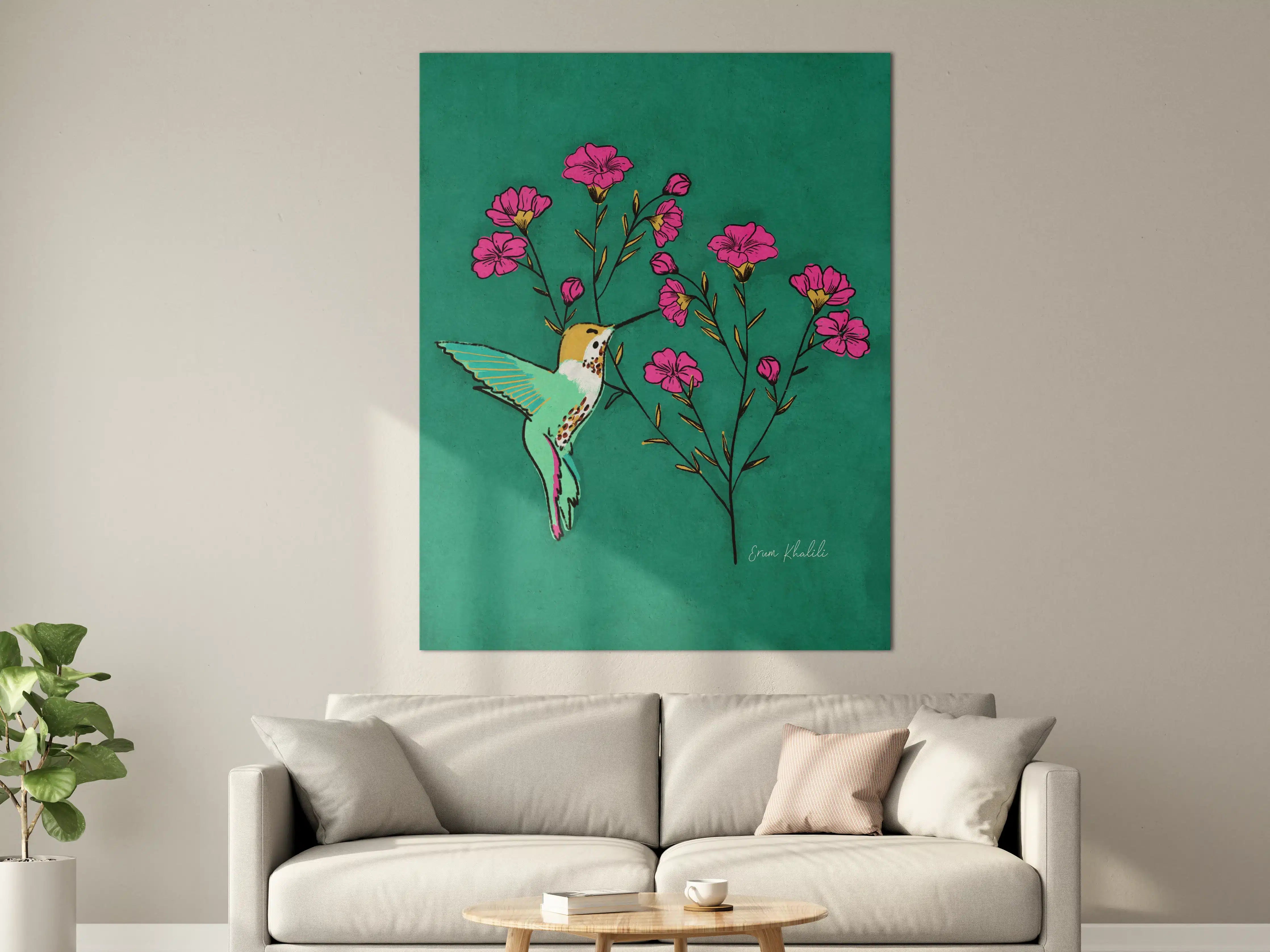 Große Wandbilder - Fröhlicher Kolibri mit pinken Blumen