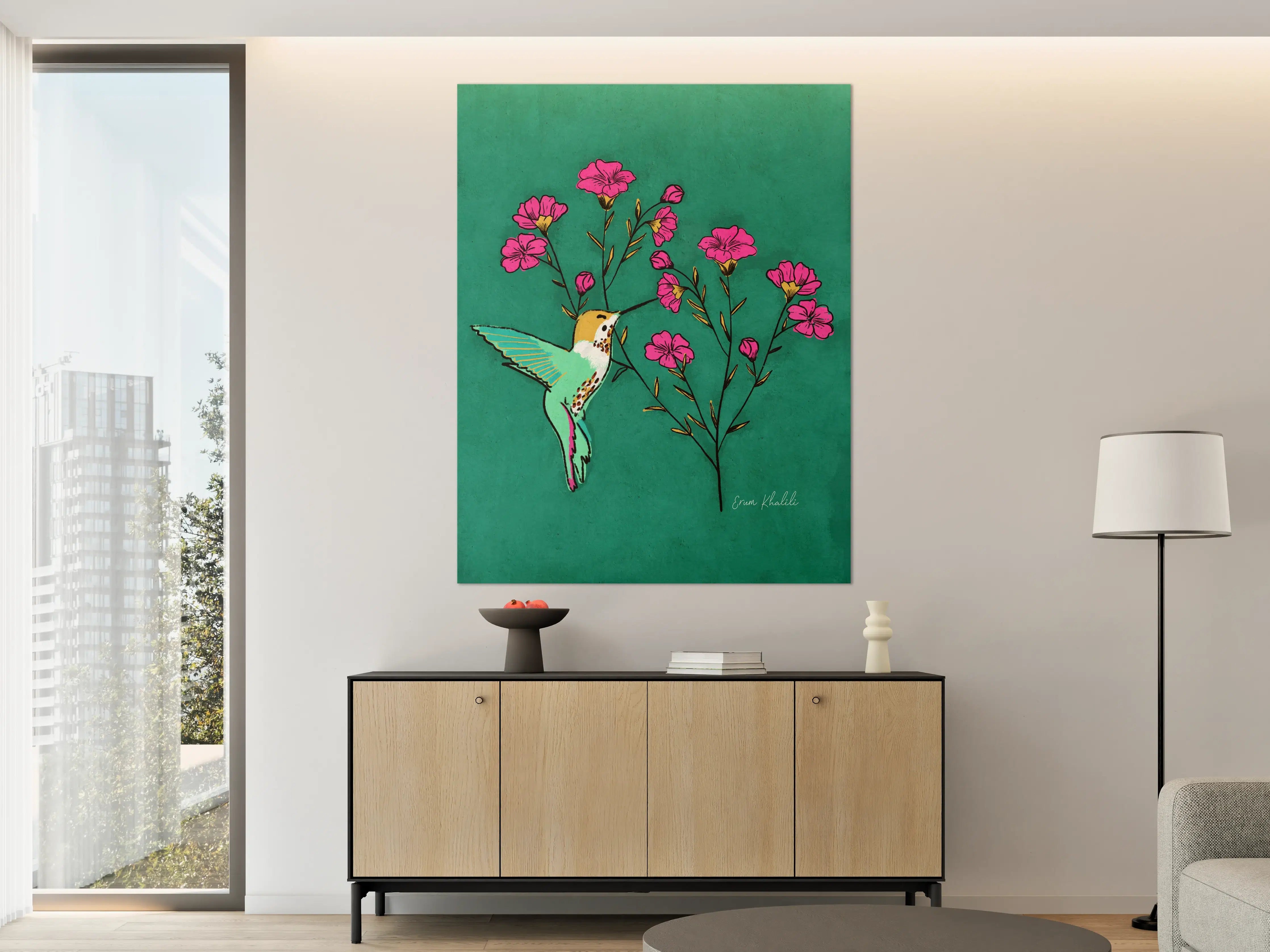 Große Wandbilder - Fröhlicher Kolibri mit pinken Blumen