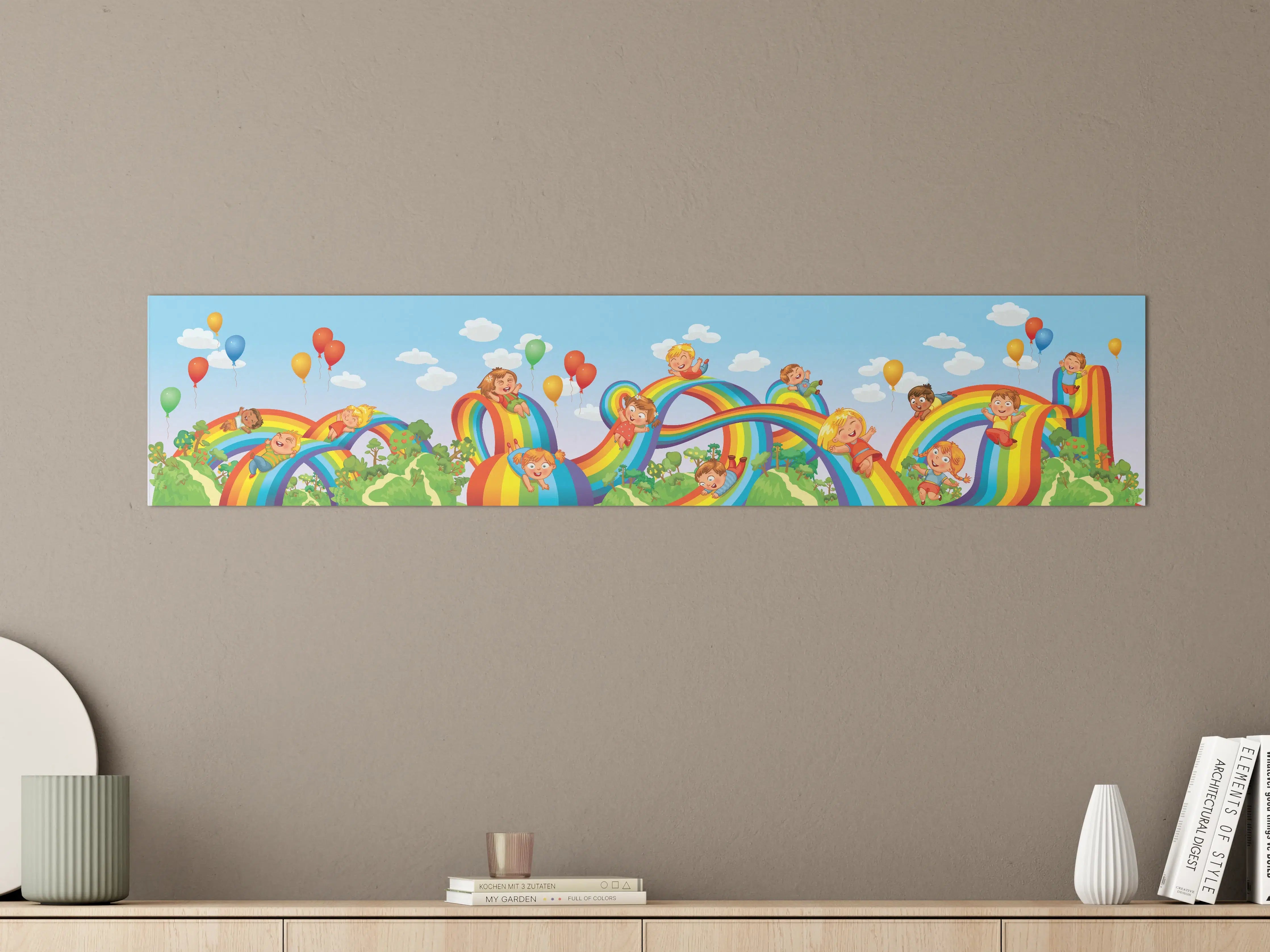 Große Wandbilder - Fröhlicher Regenbogen-Hügel mit Kinderfieber