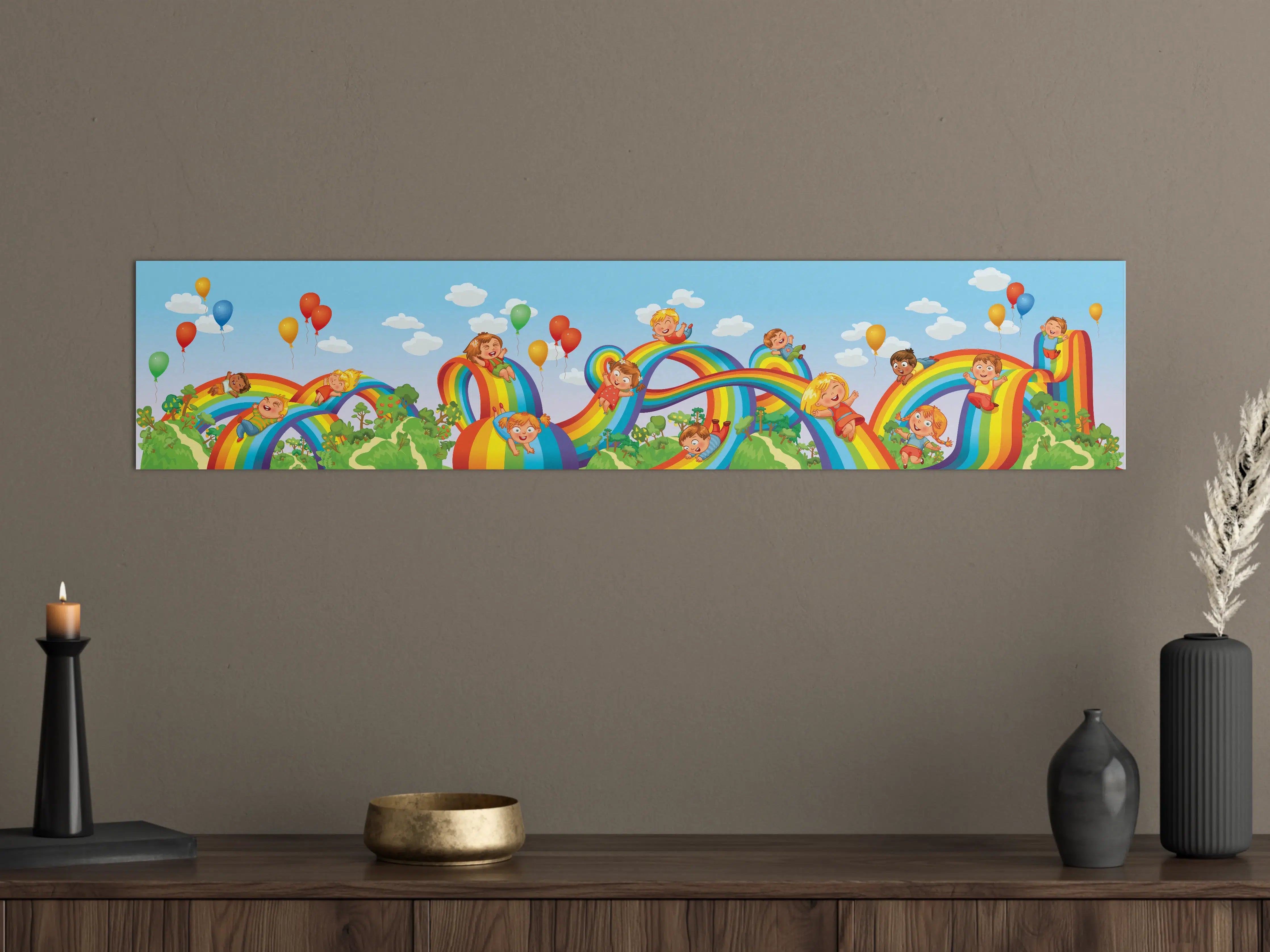 Große Wandbilder - Fröhlicher Regenbogen-Hügel mit Kinderfieber